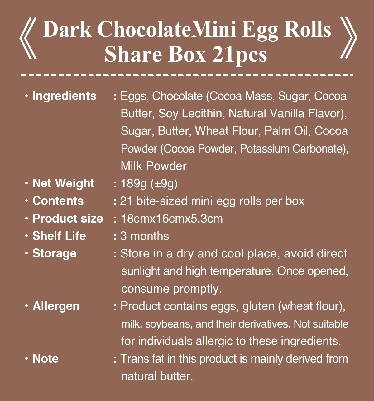 Dark chocolate mini egg rolls ingredients nutrition and product details