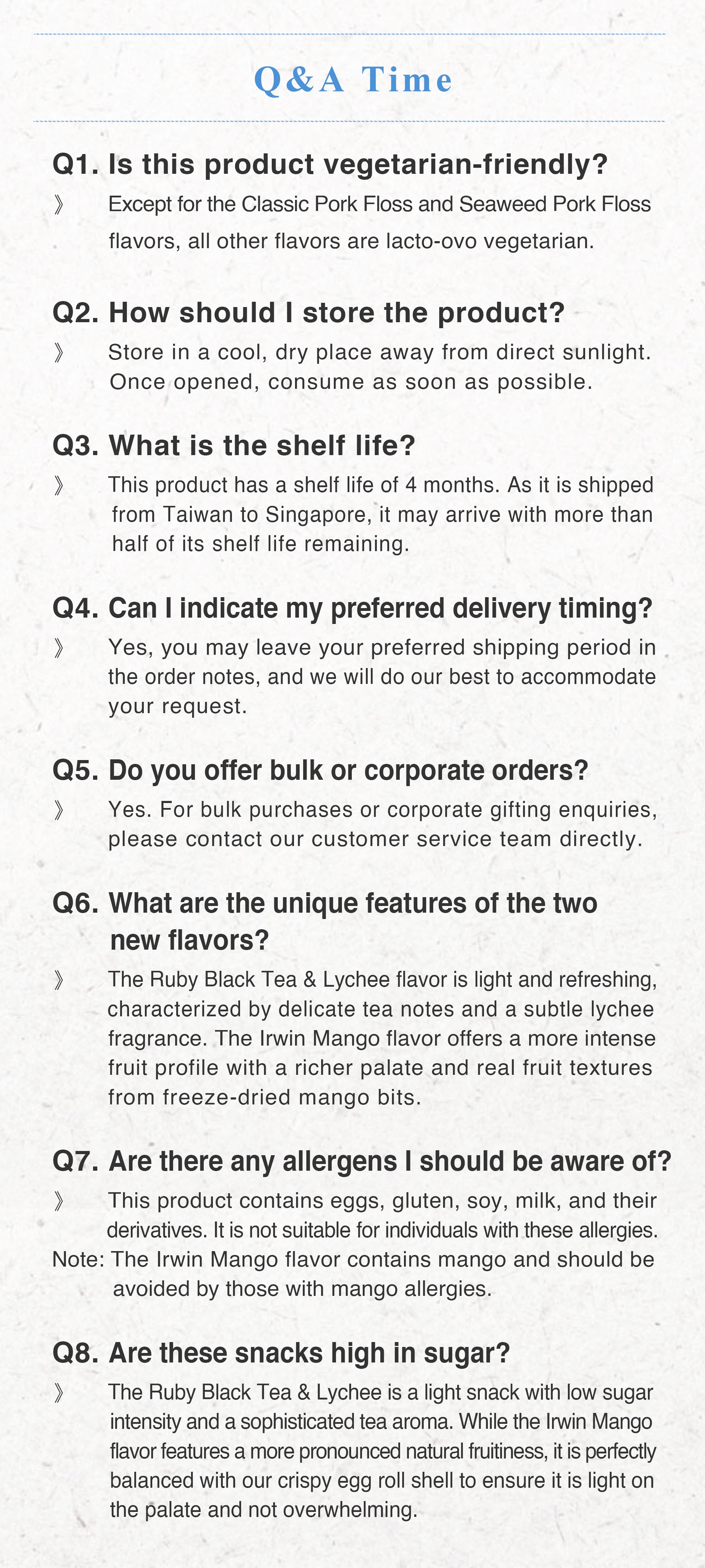 Summer in Glow mixed flavor egg rolls FAQ on storage shelf life delivery and bulk orders.