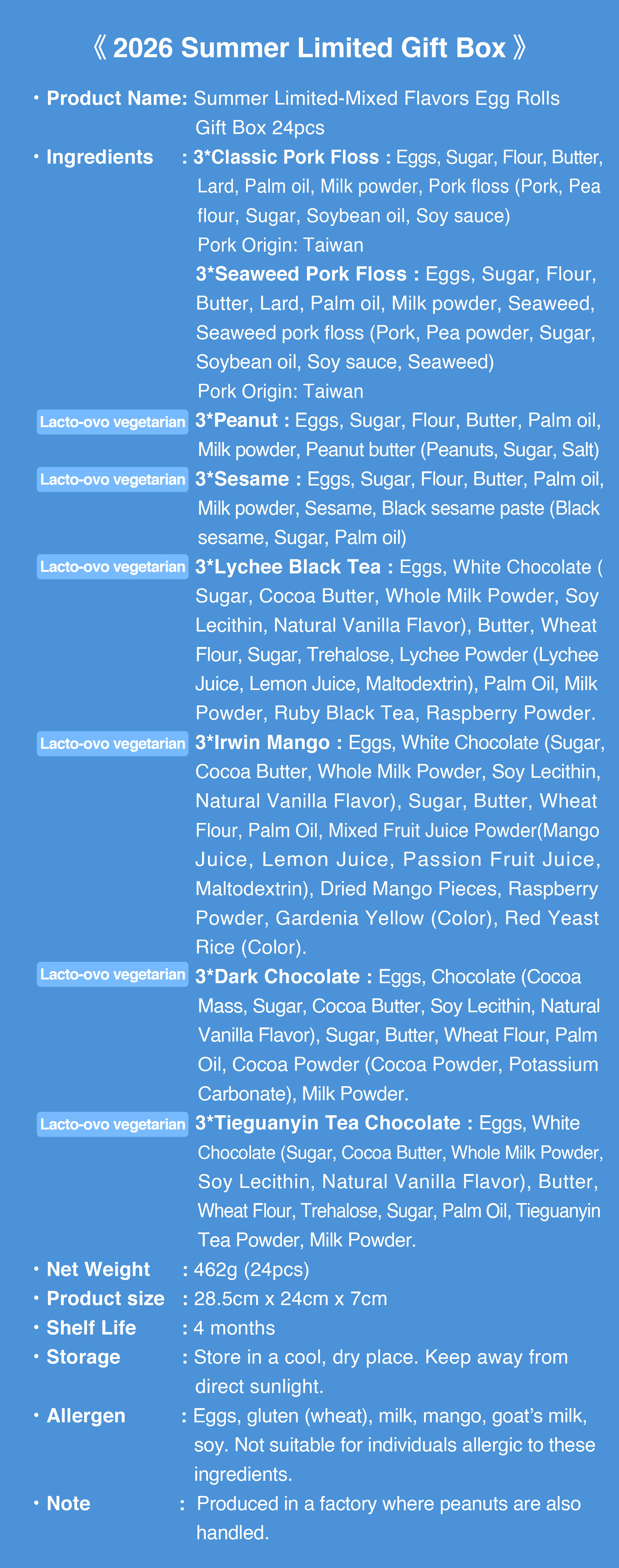 Summer in Glow mixed flavor egg rolls 24pcs ingredients allergen and product information.