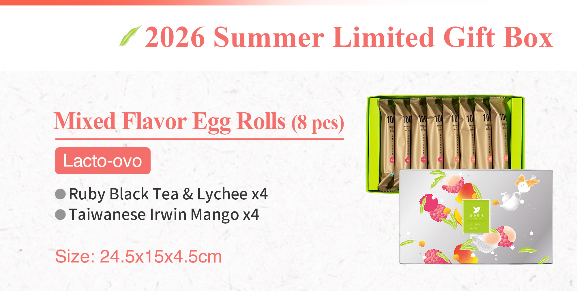 Summer in Glow 8pcs egg roll gift box with mango and lychee flavours.