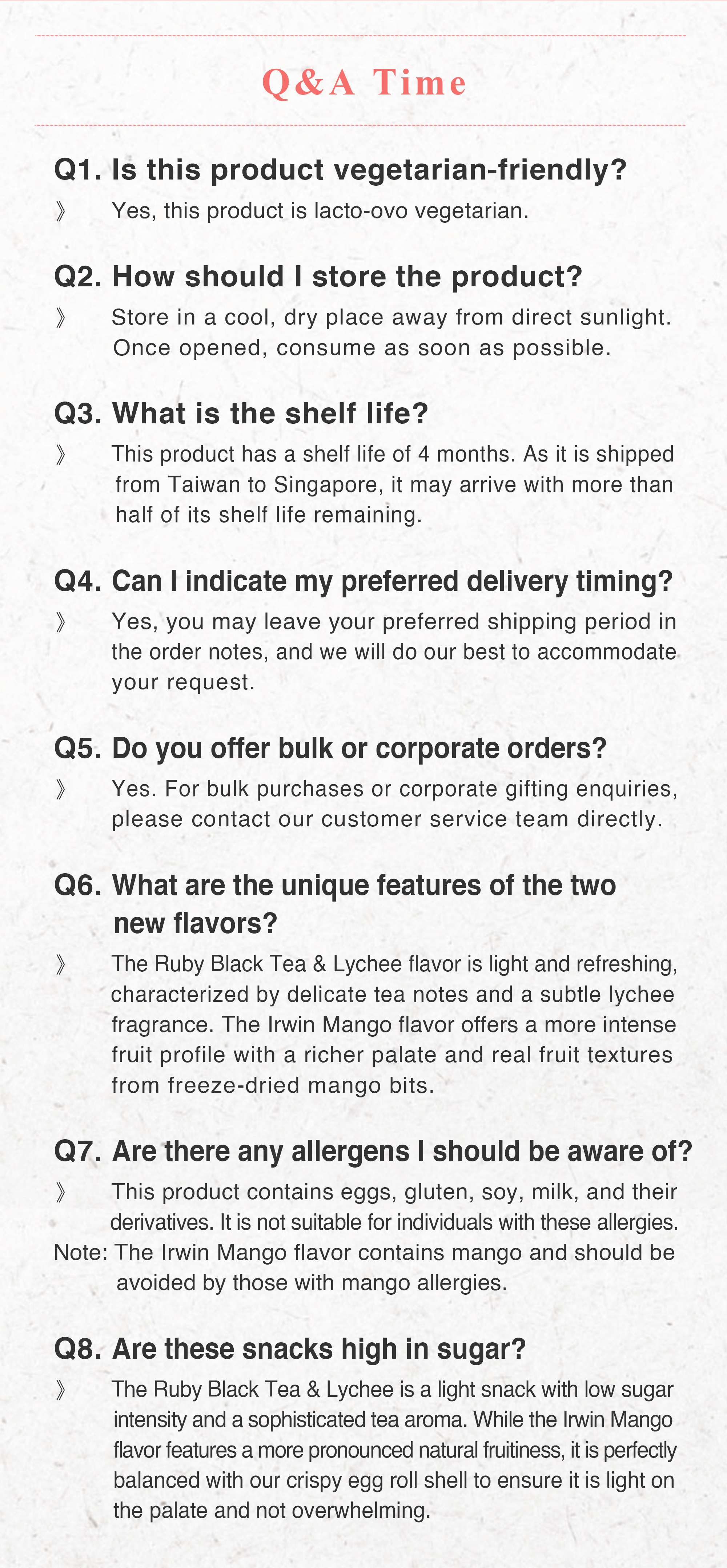 Summer limited egg rolls Q&A for storage allergens and shelf life.