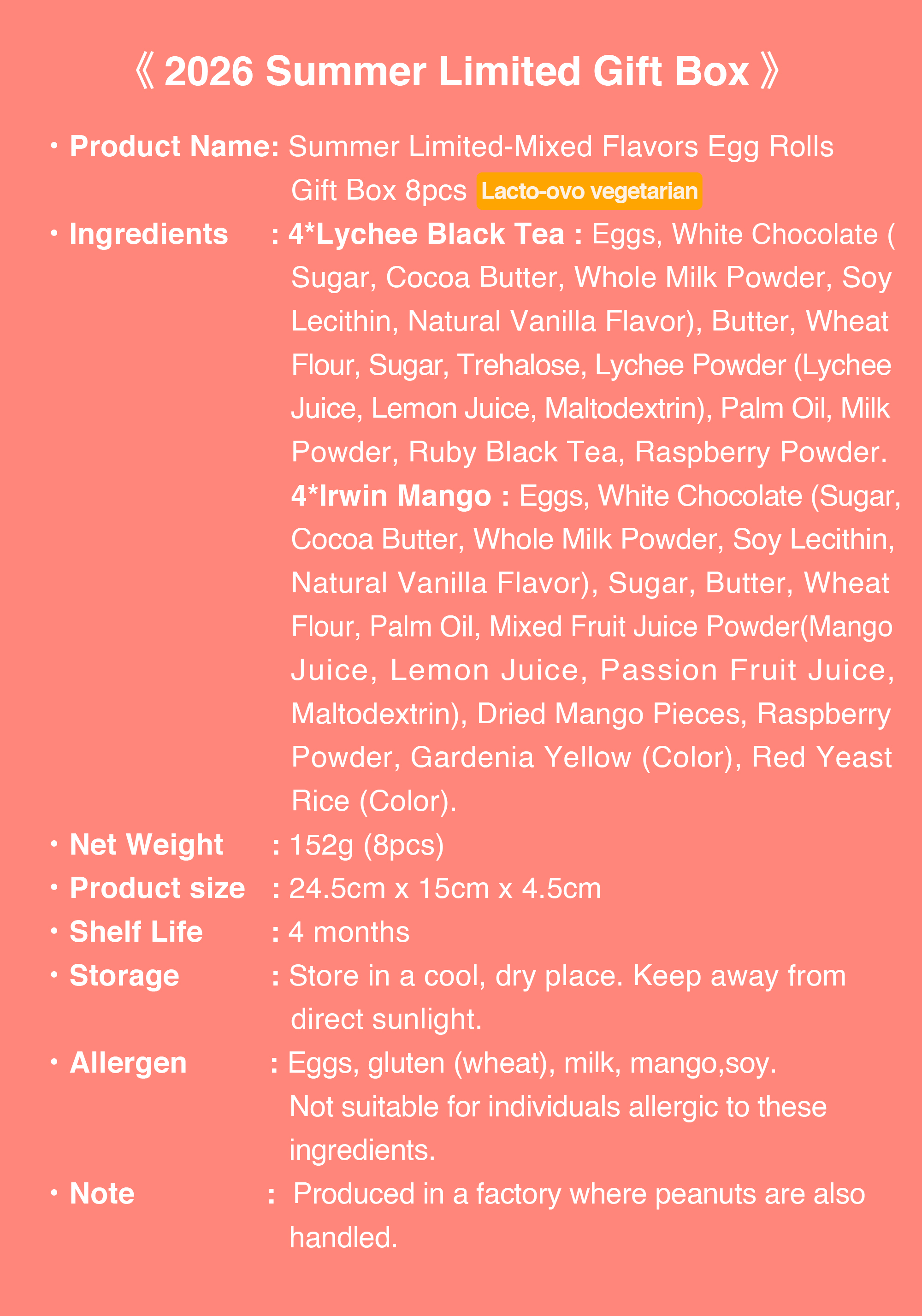 Summer limited mixed flavor egg rolls product information and ingredients.