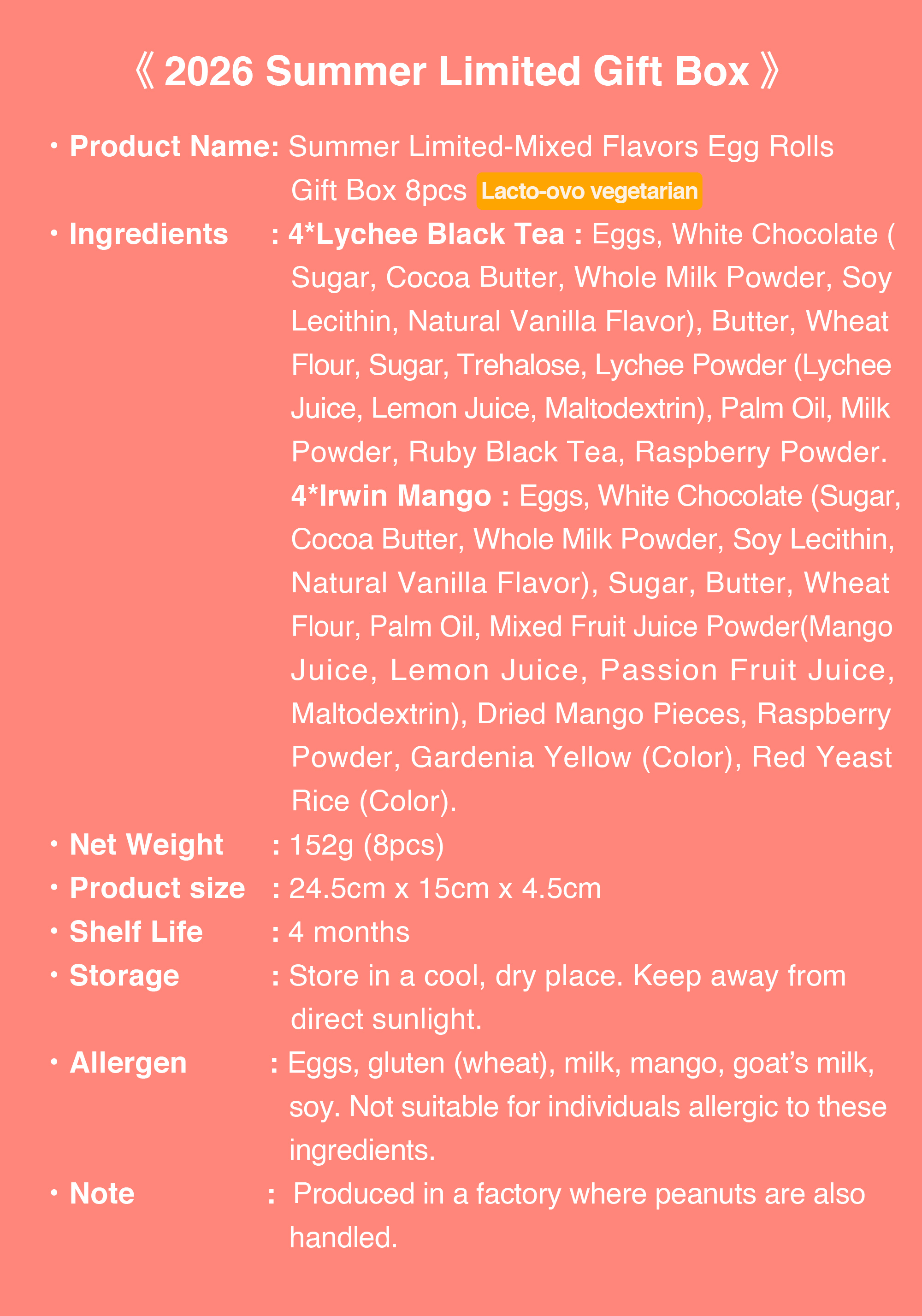 Summer limited mixed flavor egg rolls product information and ingredients.