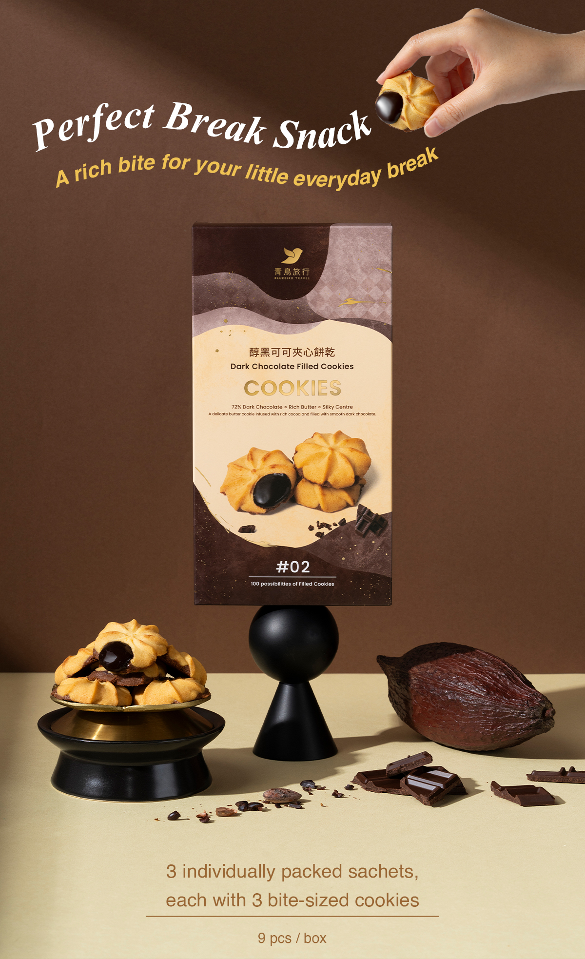 Dark chocolate cookies and individually packed everyday snack box.