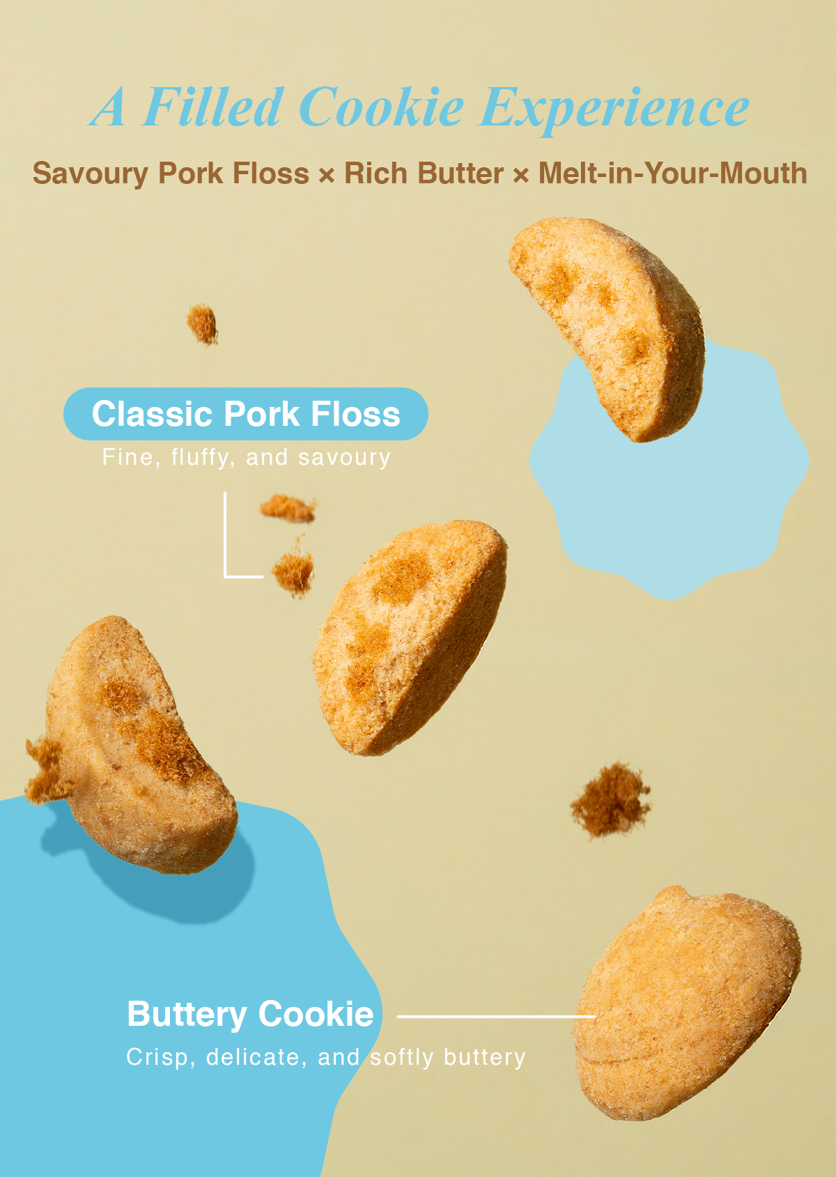 Buttery filled cookies with fine and fluffy pork floss inside.