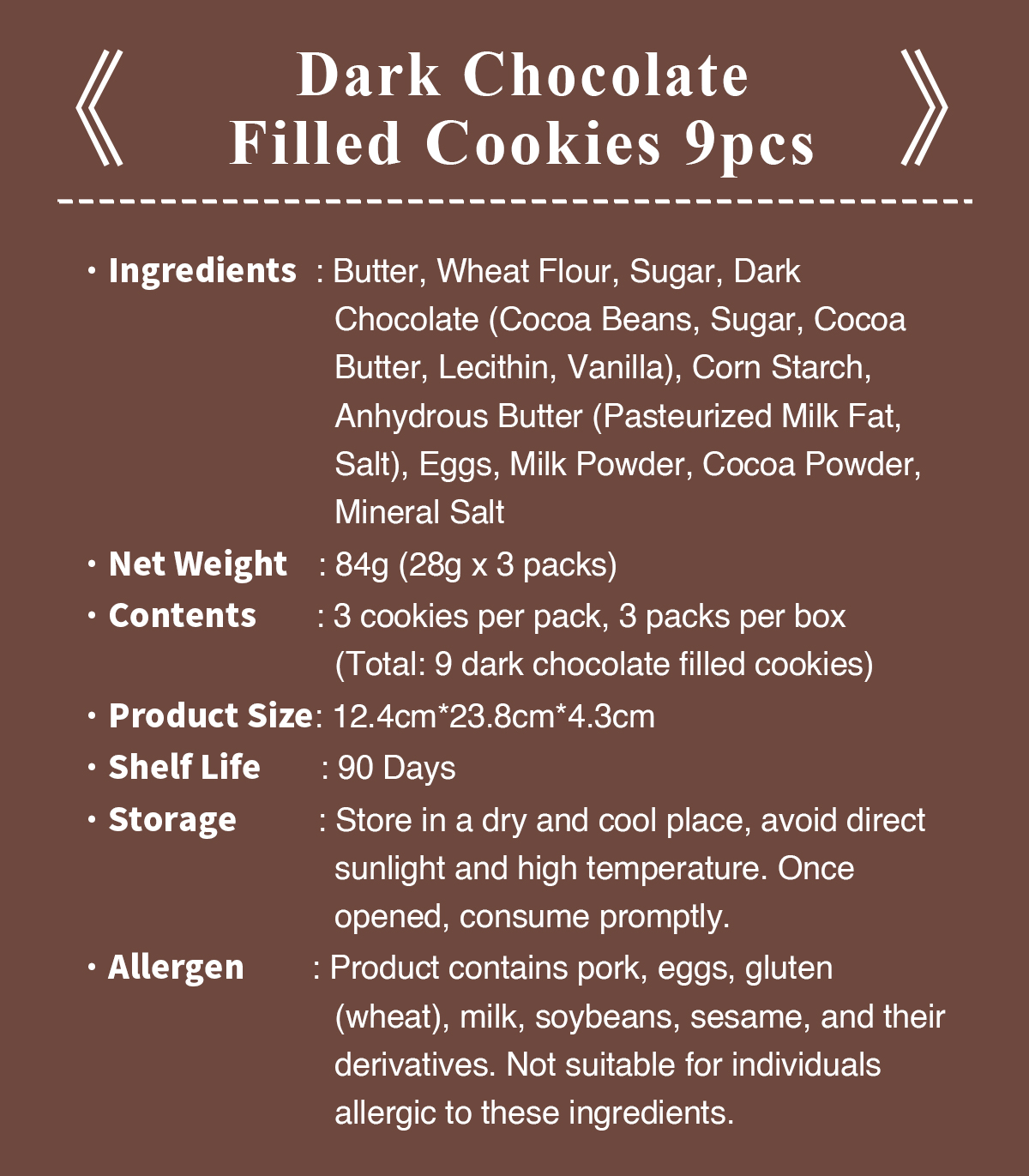 Dark Chocolate Filled Cookies ingredients, weight and storage information.