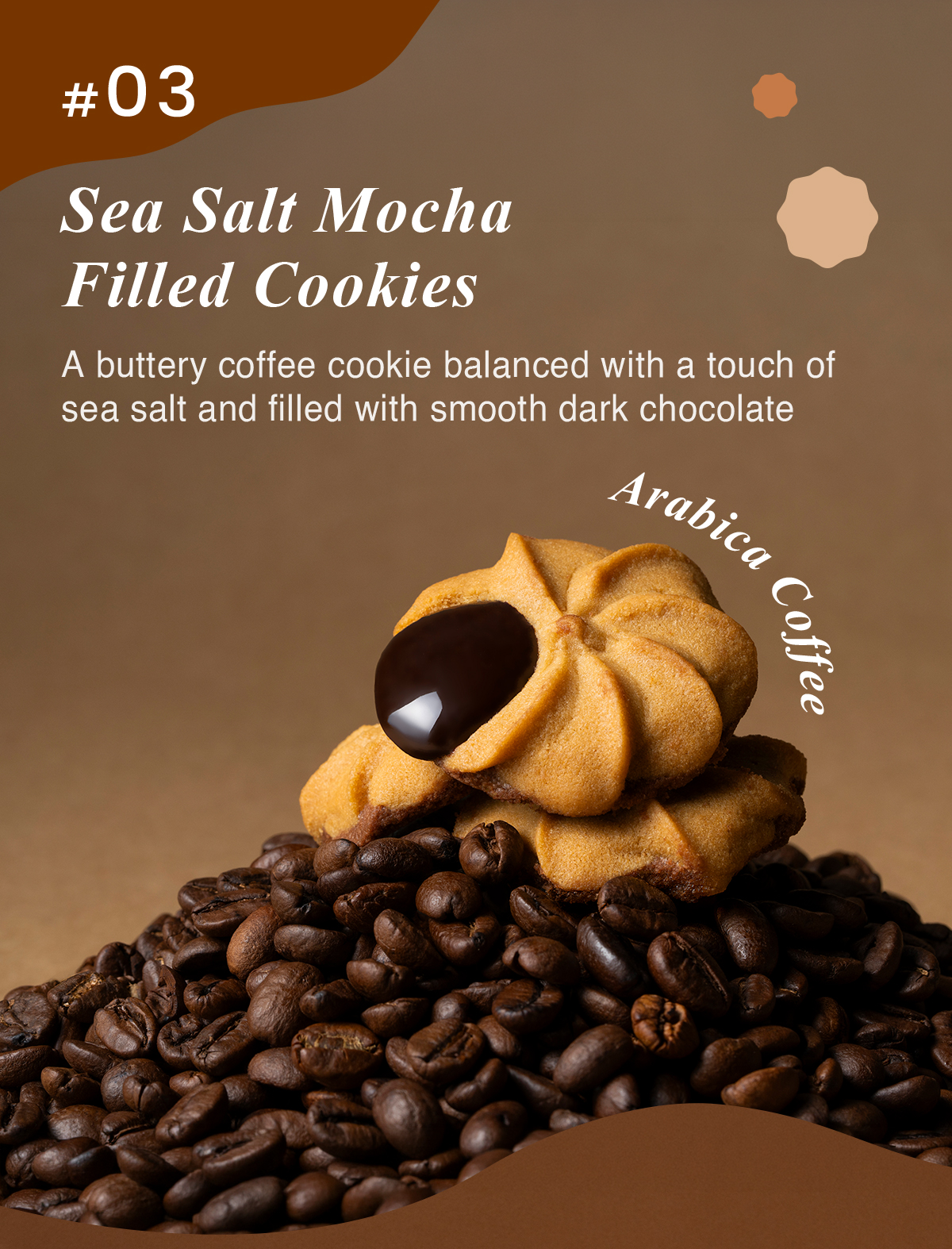 Arabica coffee cookies with sea salt and smooth dark chocolate filling.