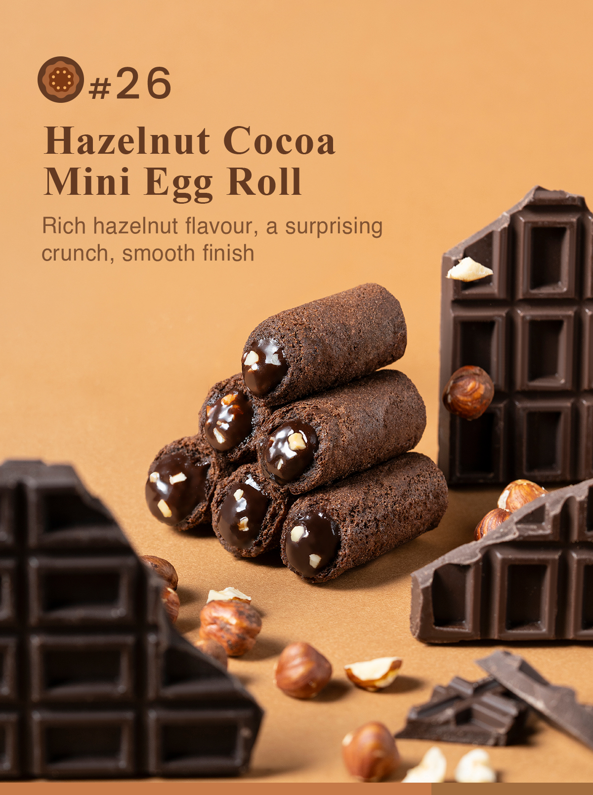 Hazelnut Cocoa Mini Egg Rolls with chocolate and hazelnut flavour.