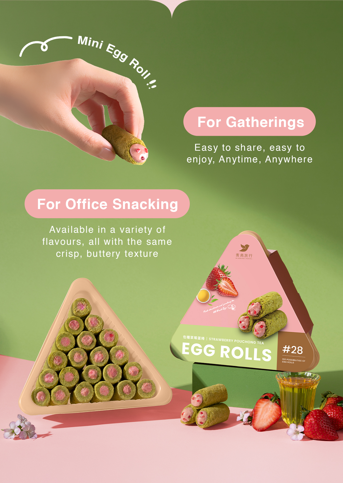 Strawberry Oolong Tea Mini Egg Rolls for office snacking and gatherings.