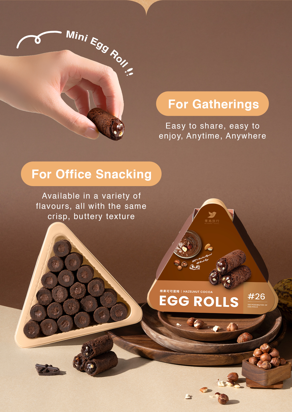 Hazelnut Cocoa Mini Egg Rolls for office snacking and gatherings.