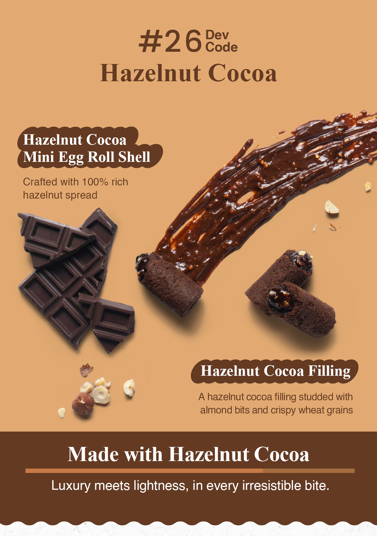 Hazelnut Cocoa Mini Egg Roll with hazelnut filling, almond pieces and wheat crisps.