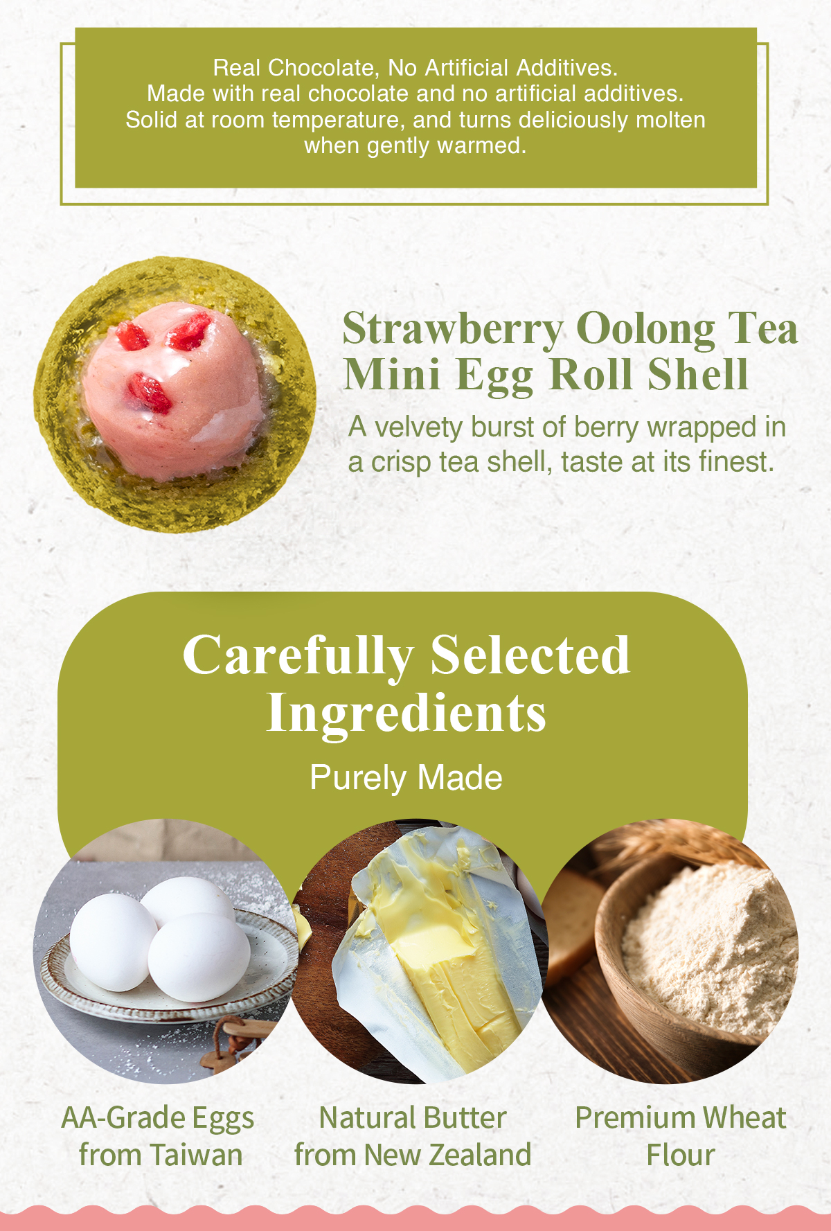 Close-up of Strawberry Oolong Tea Mini Egg Roll with strawberry centre.