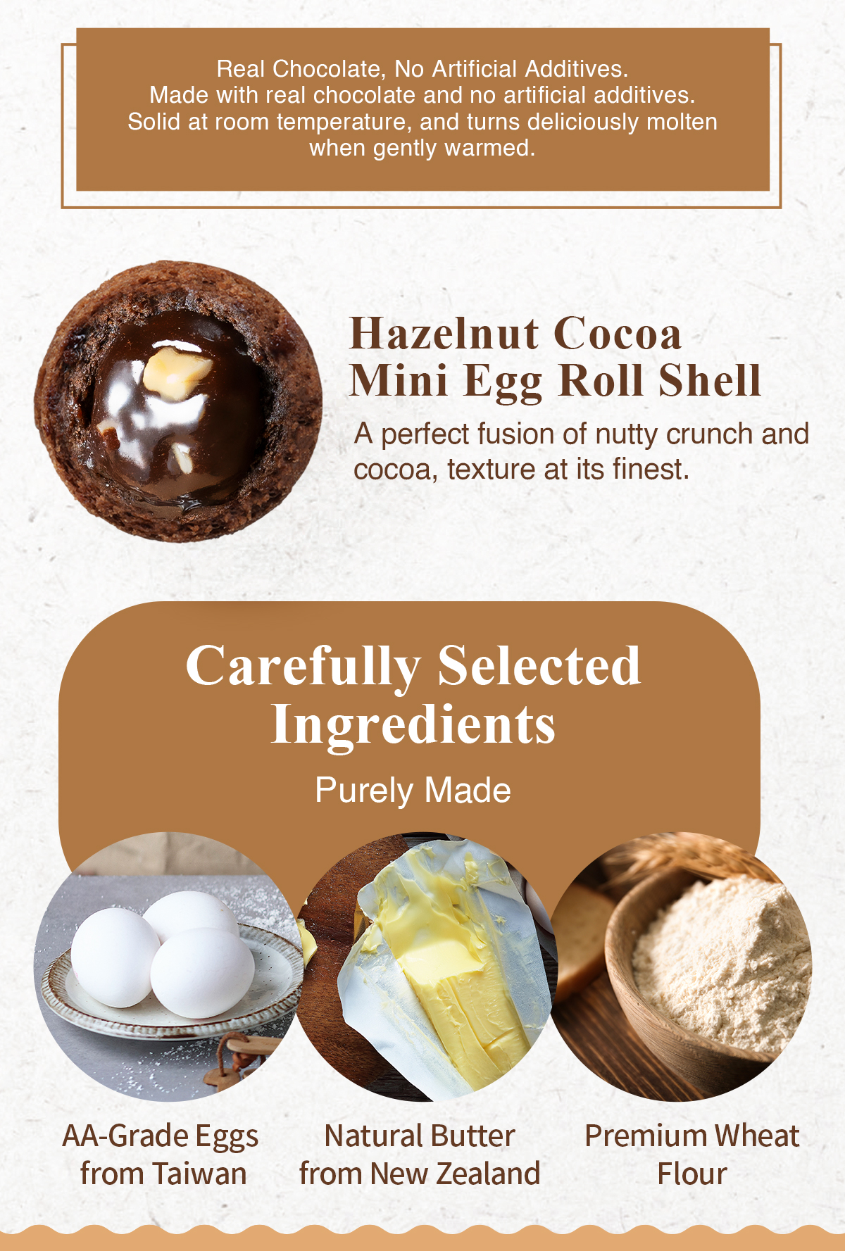 Close-up of Hazelnut Cocoa Mini Egg Roll with chocolate hazelnut centre.