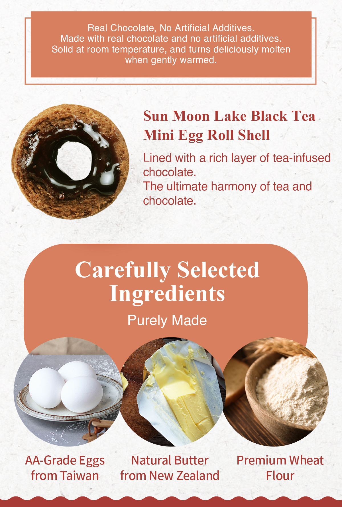 Sun Moon Lake Black Tea mini egg roll made with eggs butter and premium wheat flour.