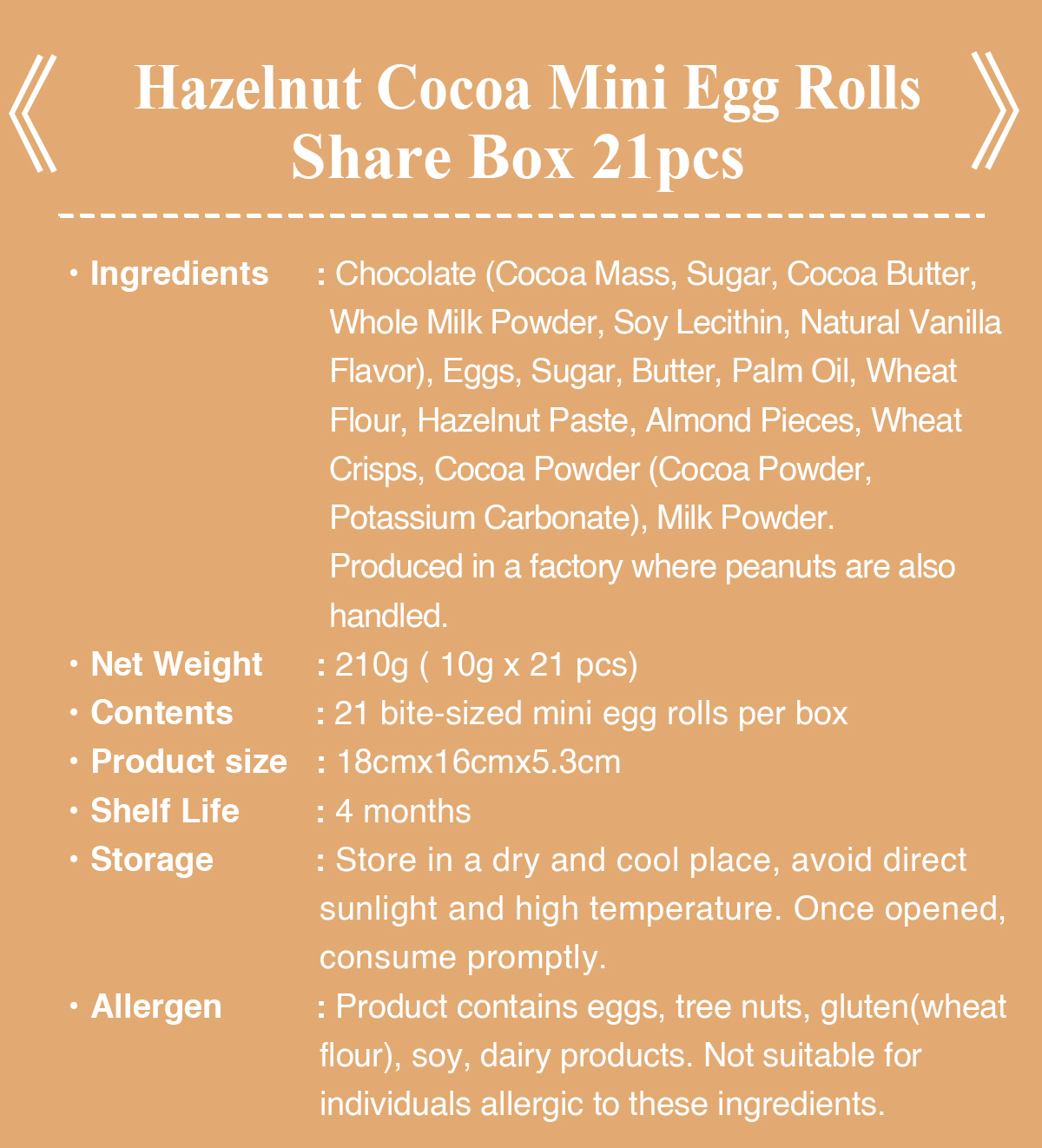 Hazelnut Cocoa Mini Egg Rolls product details and specifications.