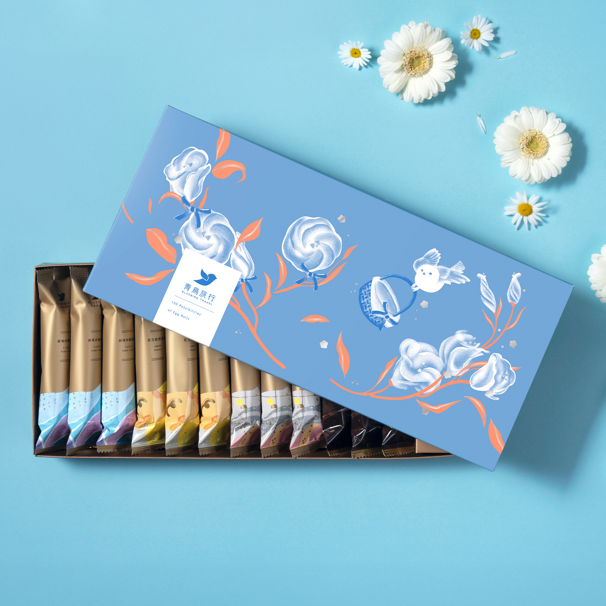 Summer in Glow 12pcs egg roll gift box with floral blue packaging.
