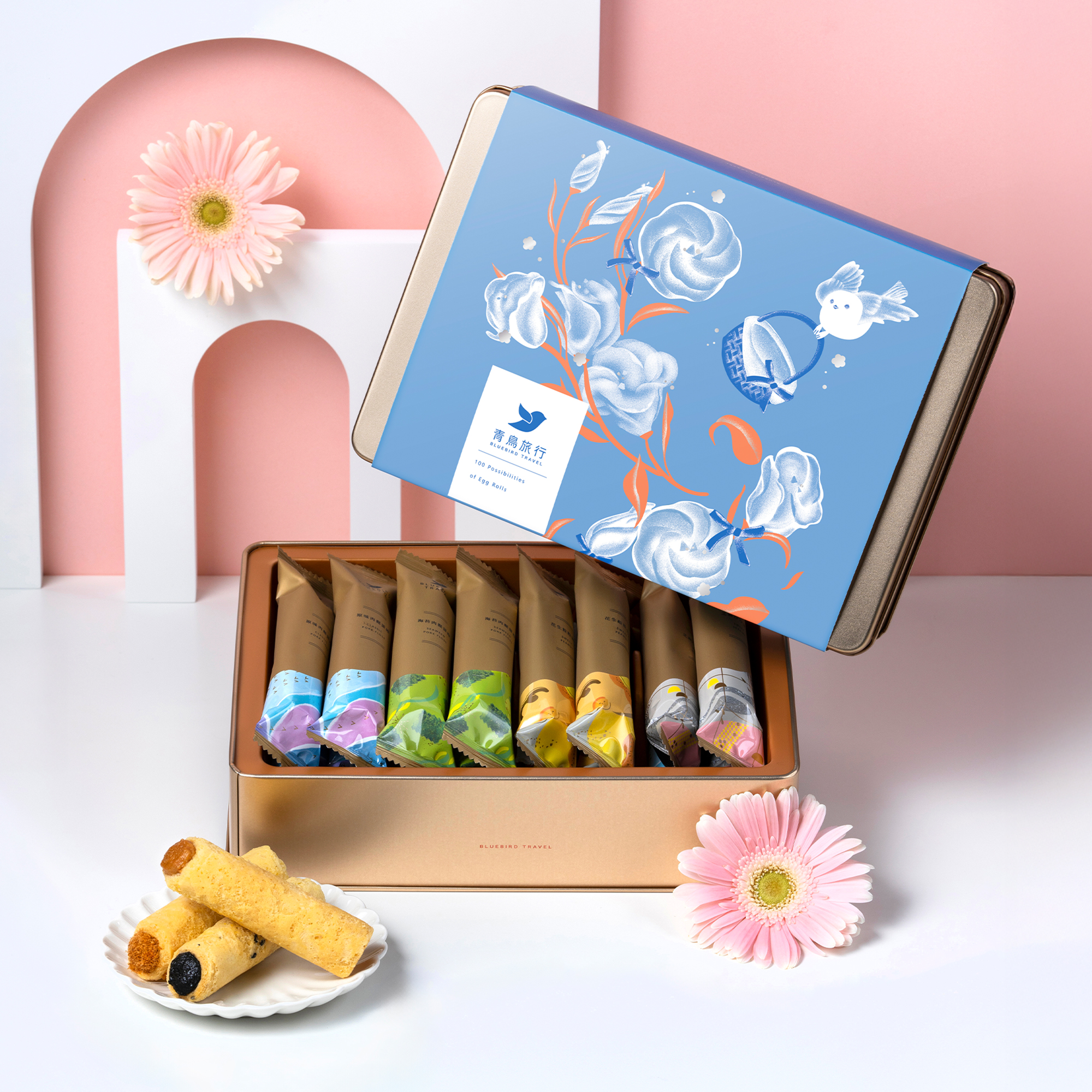 Summer in Glow 16pcs classic flavor egg roll gift box with floral blue packaging.