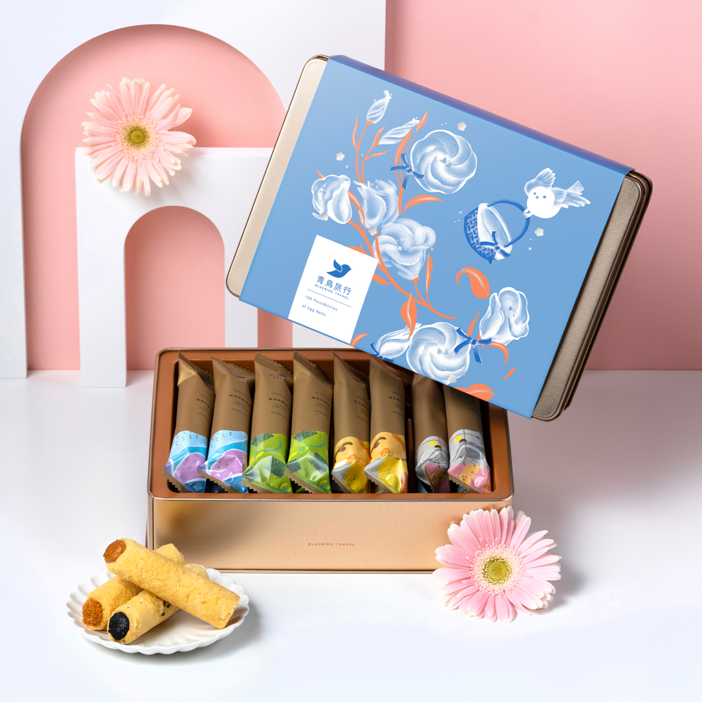 Summer in Glow 16pcs classic flavor egg roll gift box with floral blue packaging.