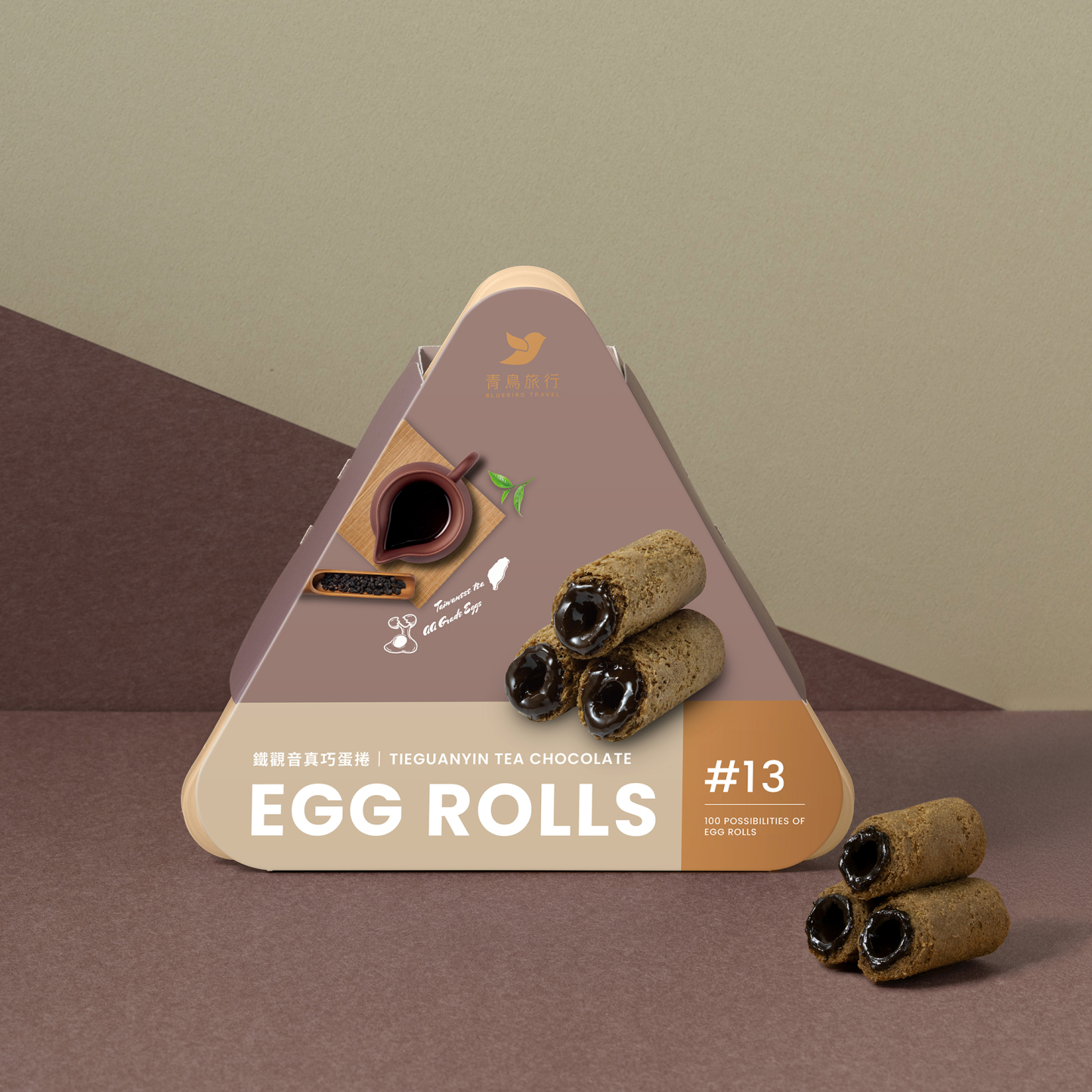 Tieguanyin tea chocolate filled mini egg rolls premium triangular packaging box display.