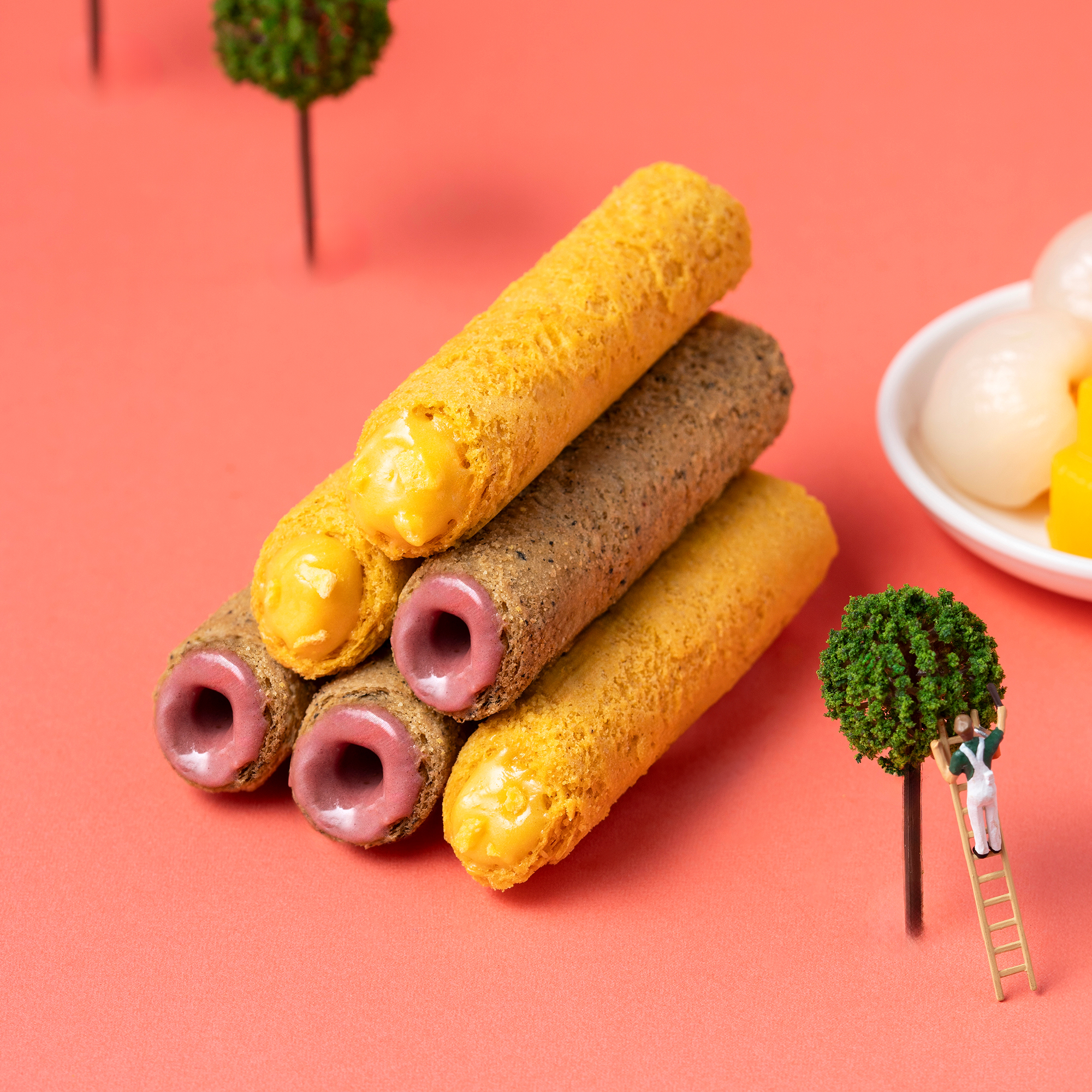 Summer limited mango and ruby lychee filled egg rolls close up.