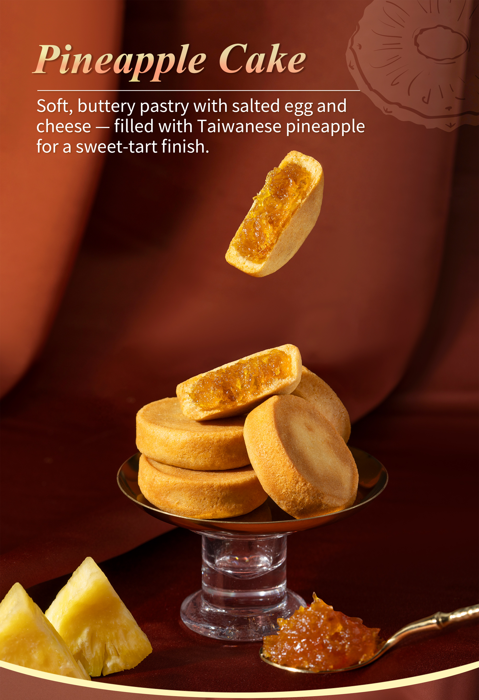 Soft buttery pineapple cakes with Taiwanese pineapple filling.