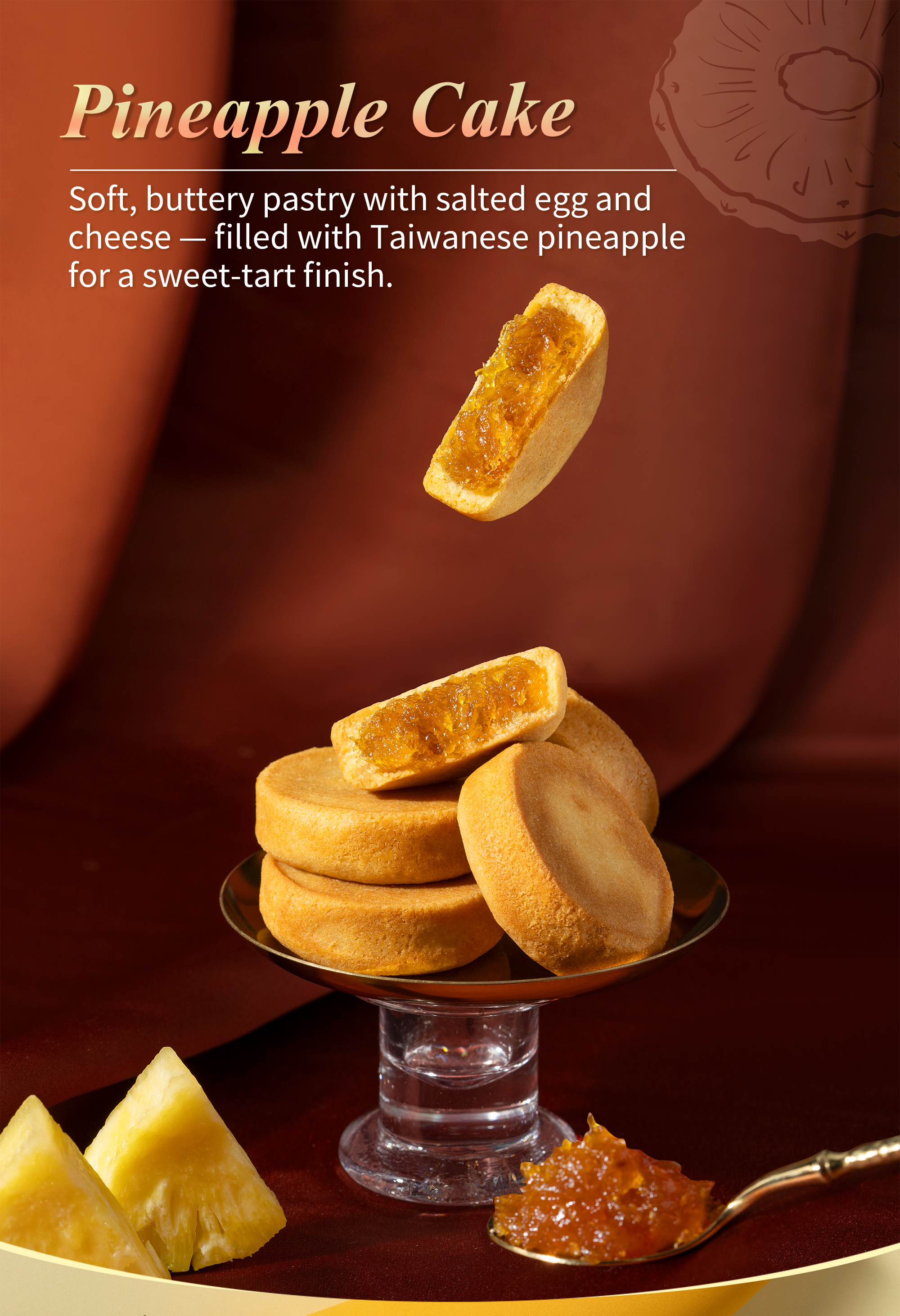 Soft buttery pineapple cakes with Taiwanese pineapple filling.