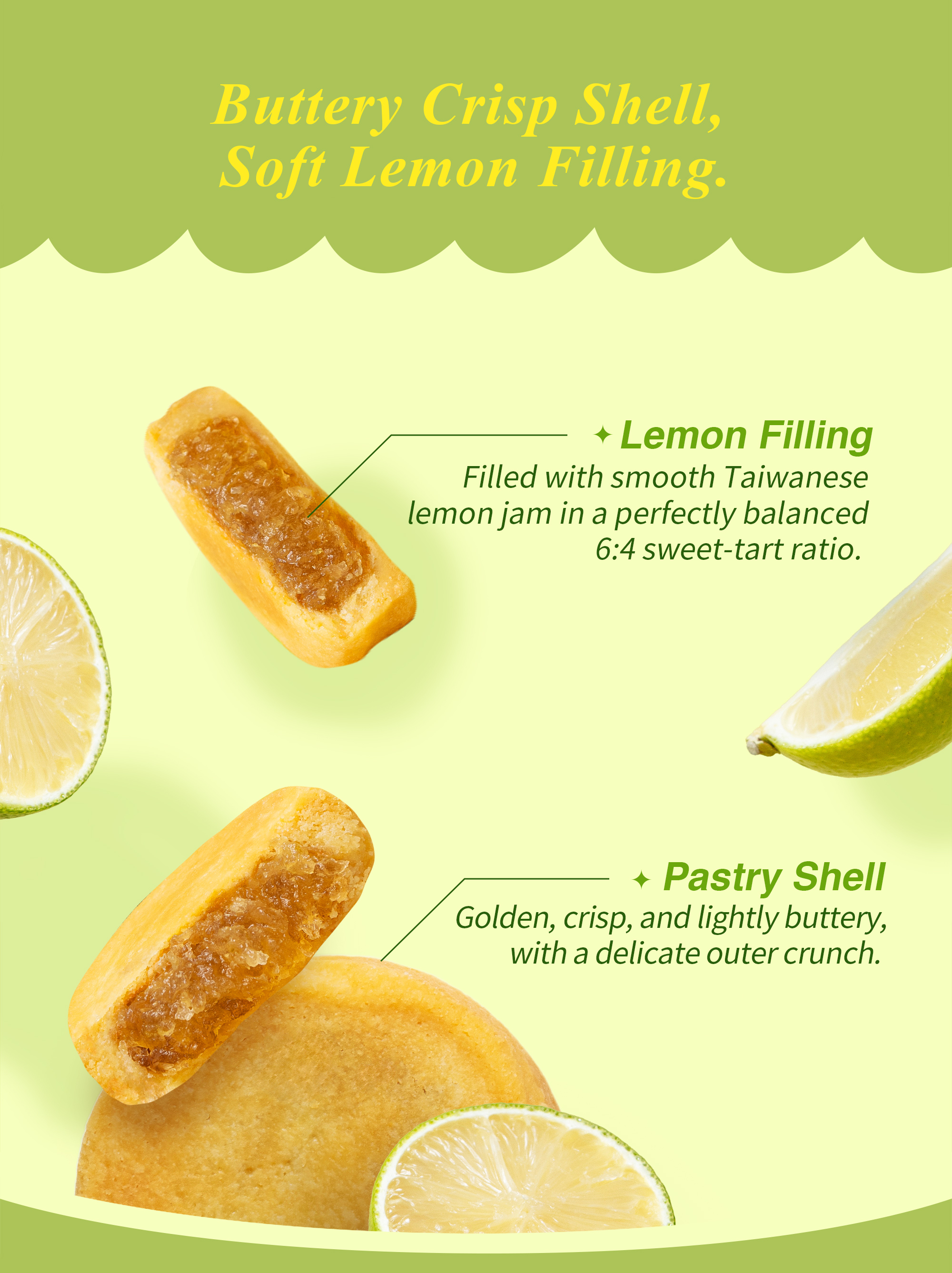 Lemon pastry cross-section showing sweet-tart filling and golden buttery shell.