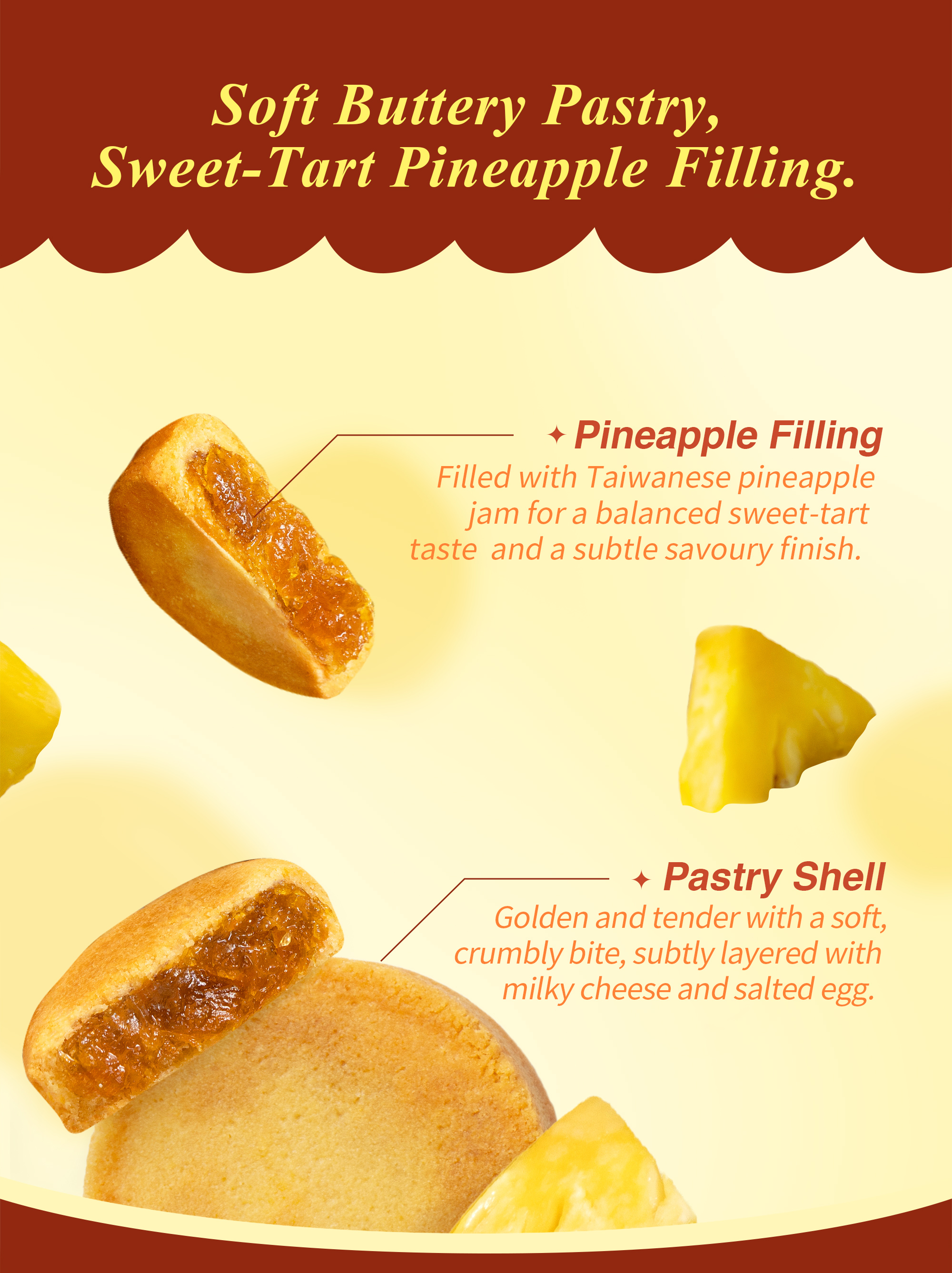 Pineapple cake cross-section showing pineapple filling and golden pastry shell.