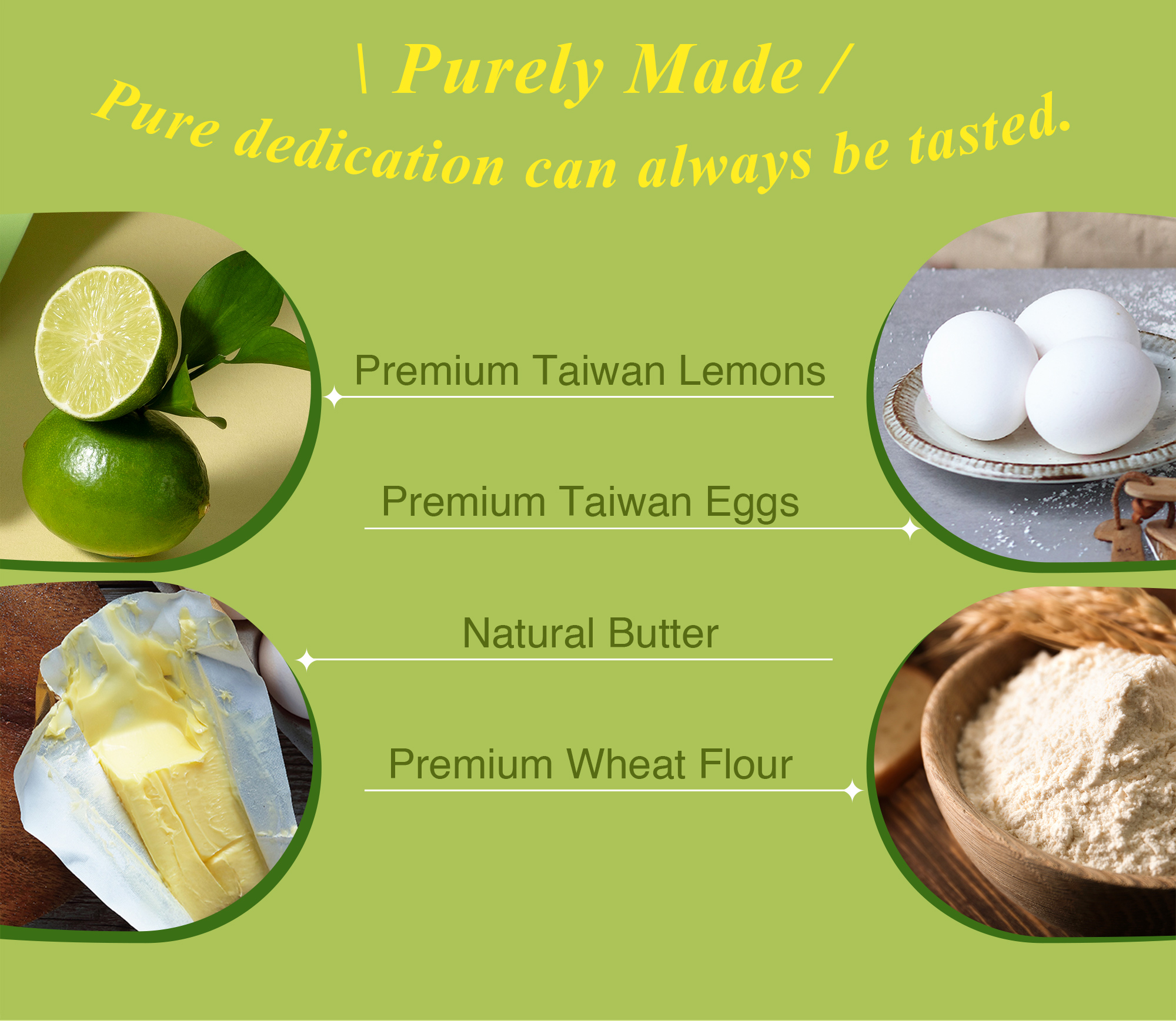 Key ingredients for Lemon Pastry including lemon, eggs, butter and wheat flour.