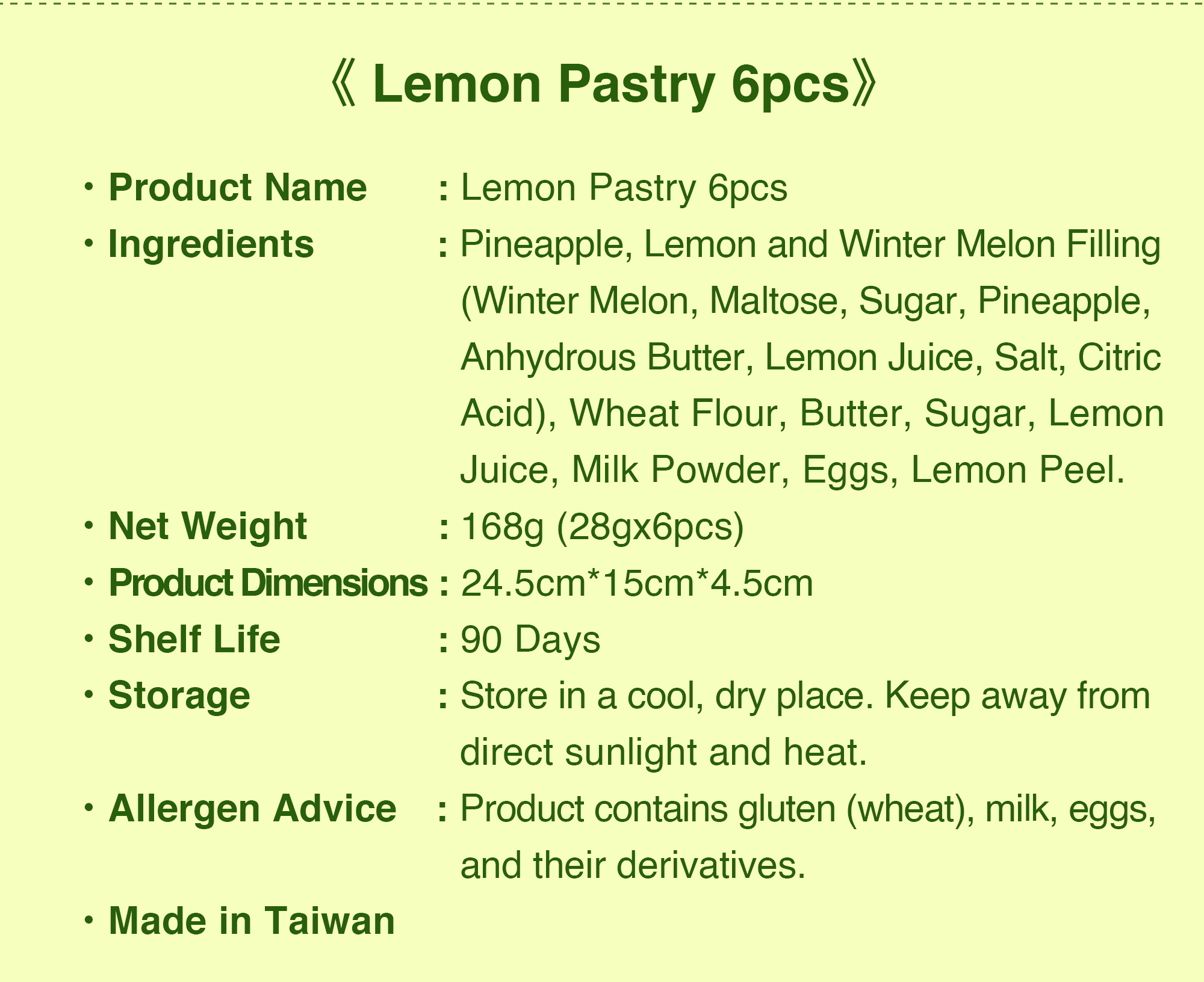 Lemon Pastry 6-piece box product details, ingredients and storage information.