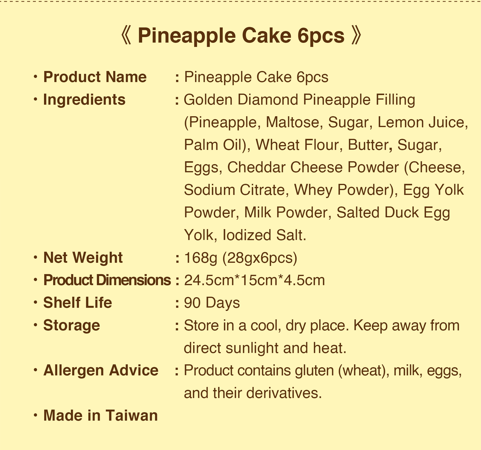 Pineapple Cake 6-piece box product details, ingredients and storage information.