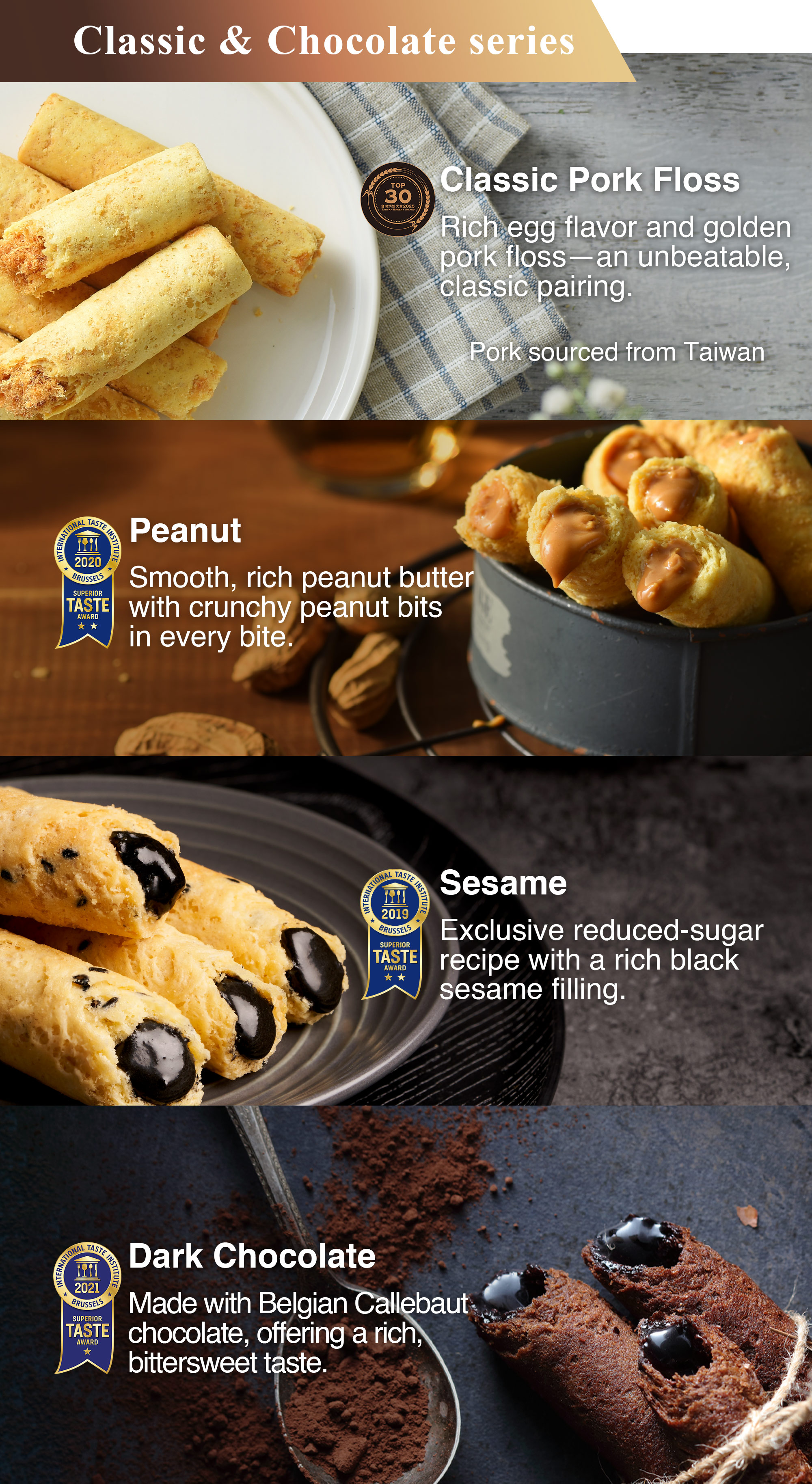 Classic Pork Floss, Peanut, Sesame and Dark Chocolate filled egg rolls.