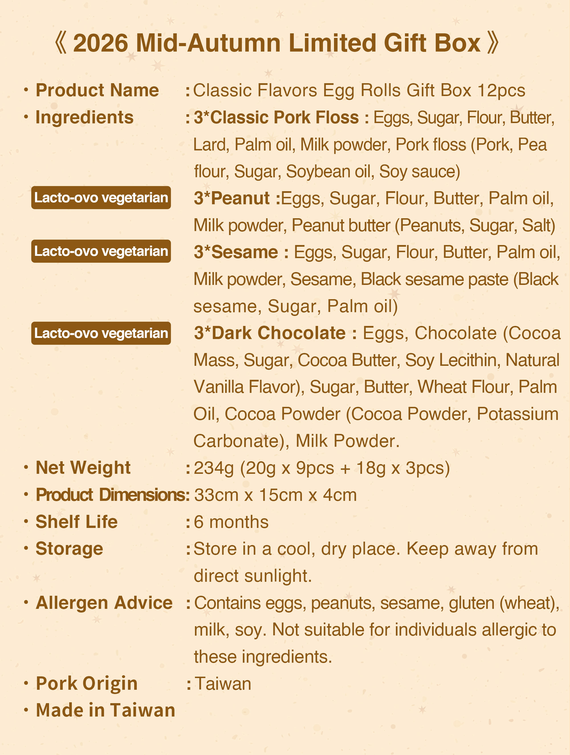 Mid-Autumn 2026 Classic Favourites Box 12pcs ingredients and nutrition information.