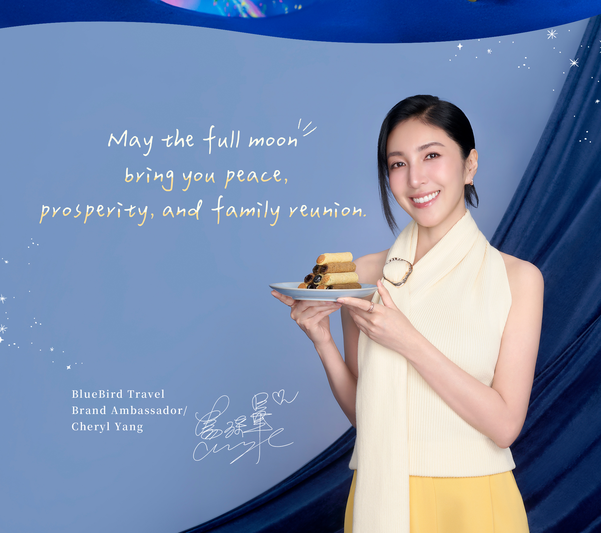 Bluebird Travel brand ambassador Cheryl Yang holding egg rolls with full moon blessing.