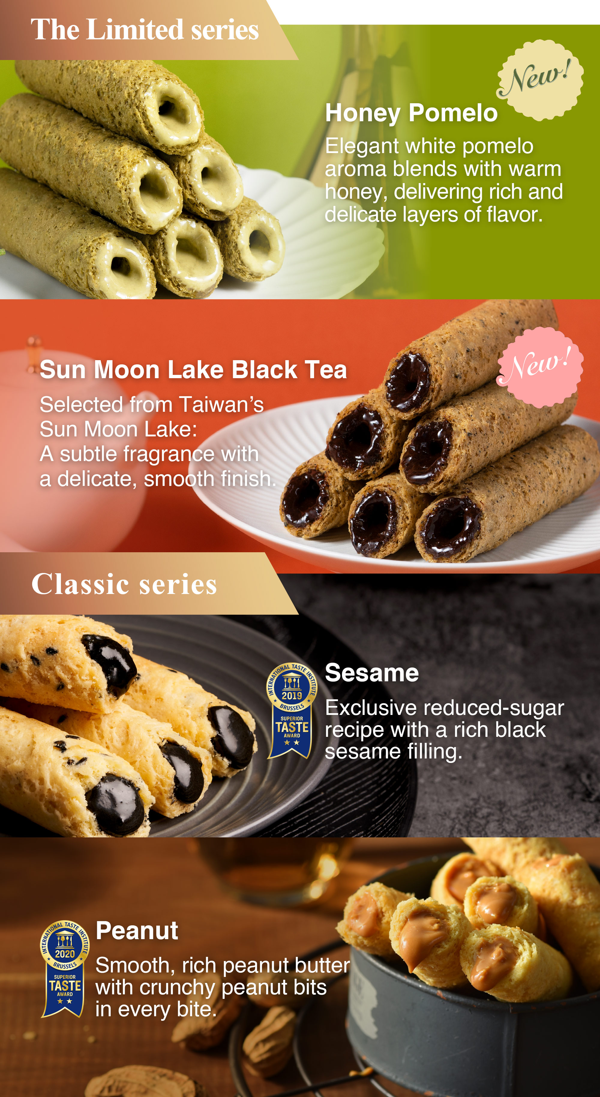Honey Pomelo, Sun Moon Lake Black Tea, Sesame and Peanut filled egg rolls in Tea & Fruit Selection Box.
