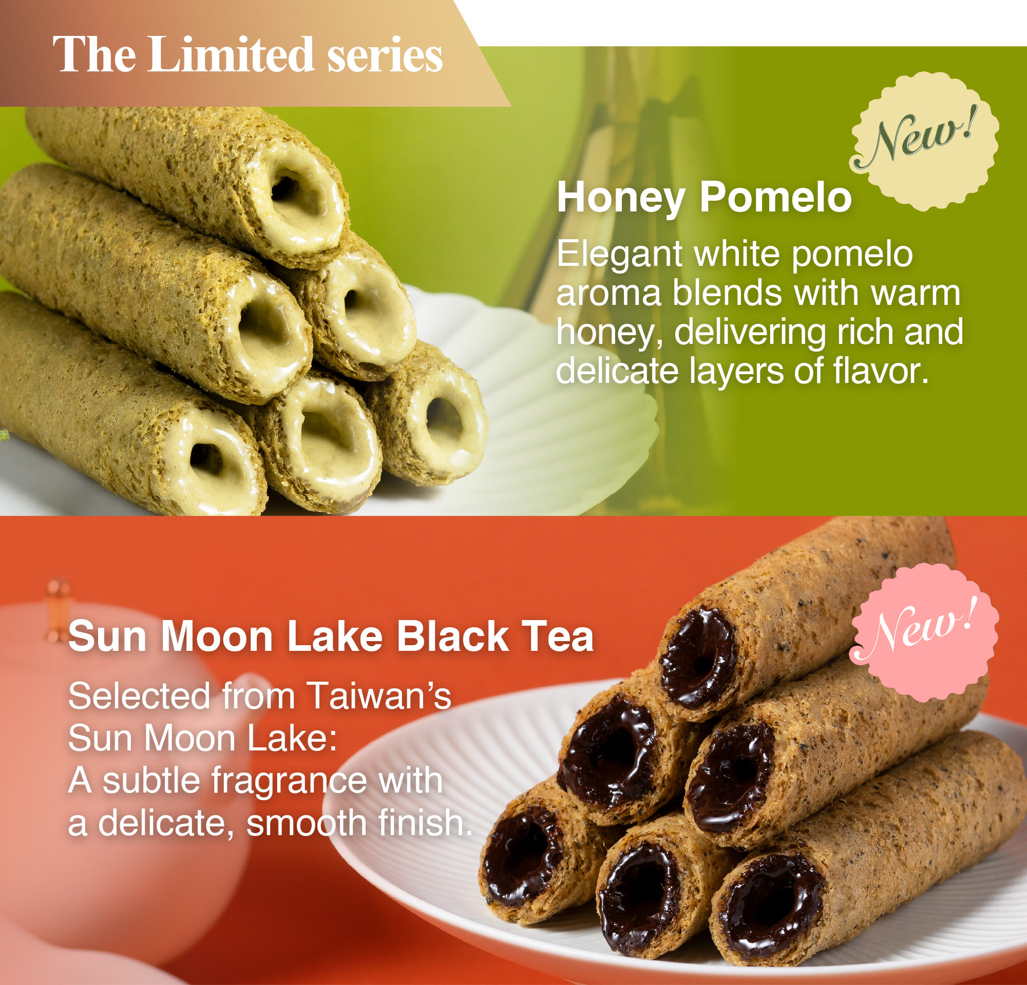 Honey Pomelo and Sun Moon Lake Black Tea filled egg rolls in Premium Tasting Collection.