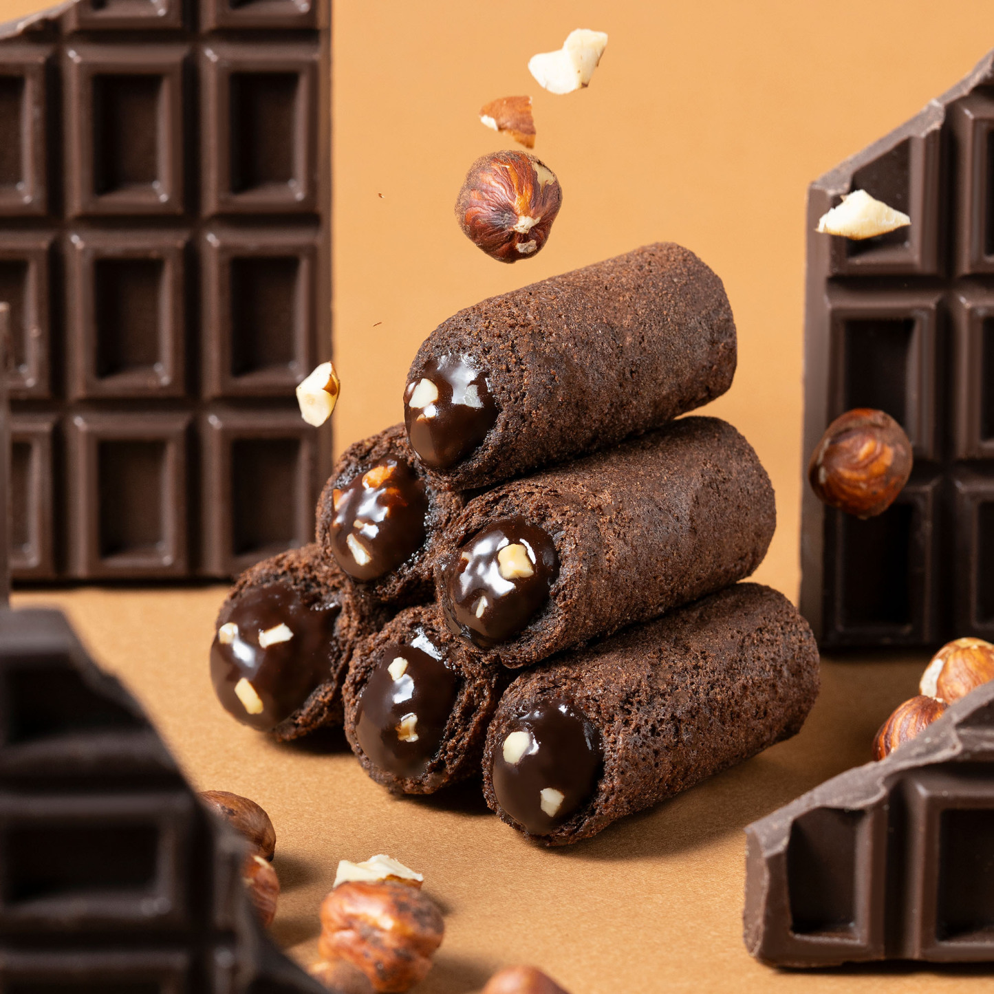 Hazelnut Cocoa Mini Egg Rolls with chocolate and hazelnuts.