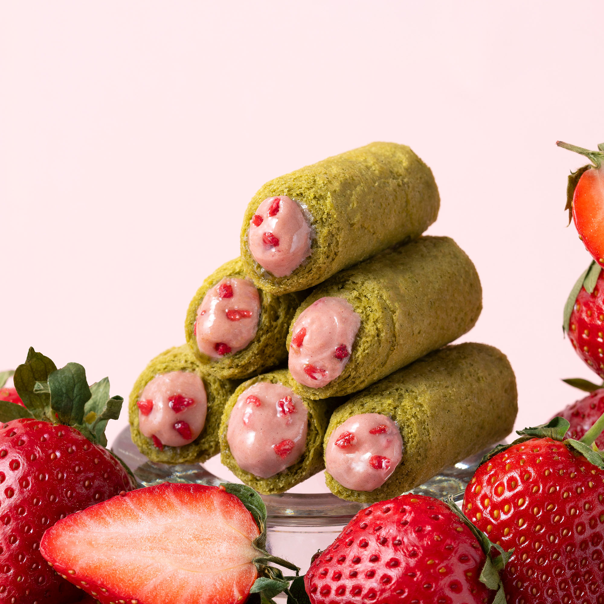 Strawberry Oolong Tea Mini Egg Rolls with pink strawberry filling.