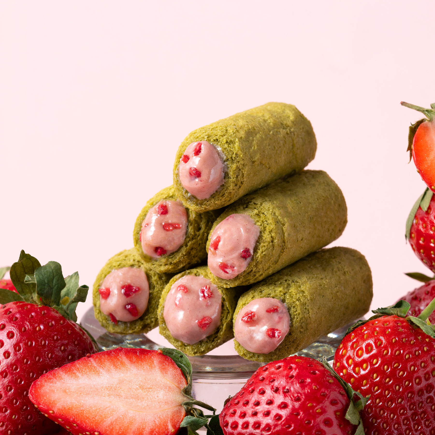 Strawberry Oolong Tea Mini Egg Rolls with pink strawberry filling.