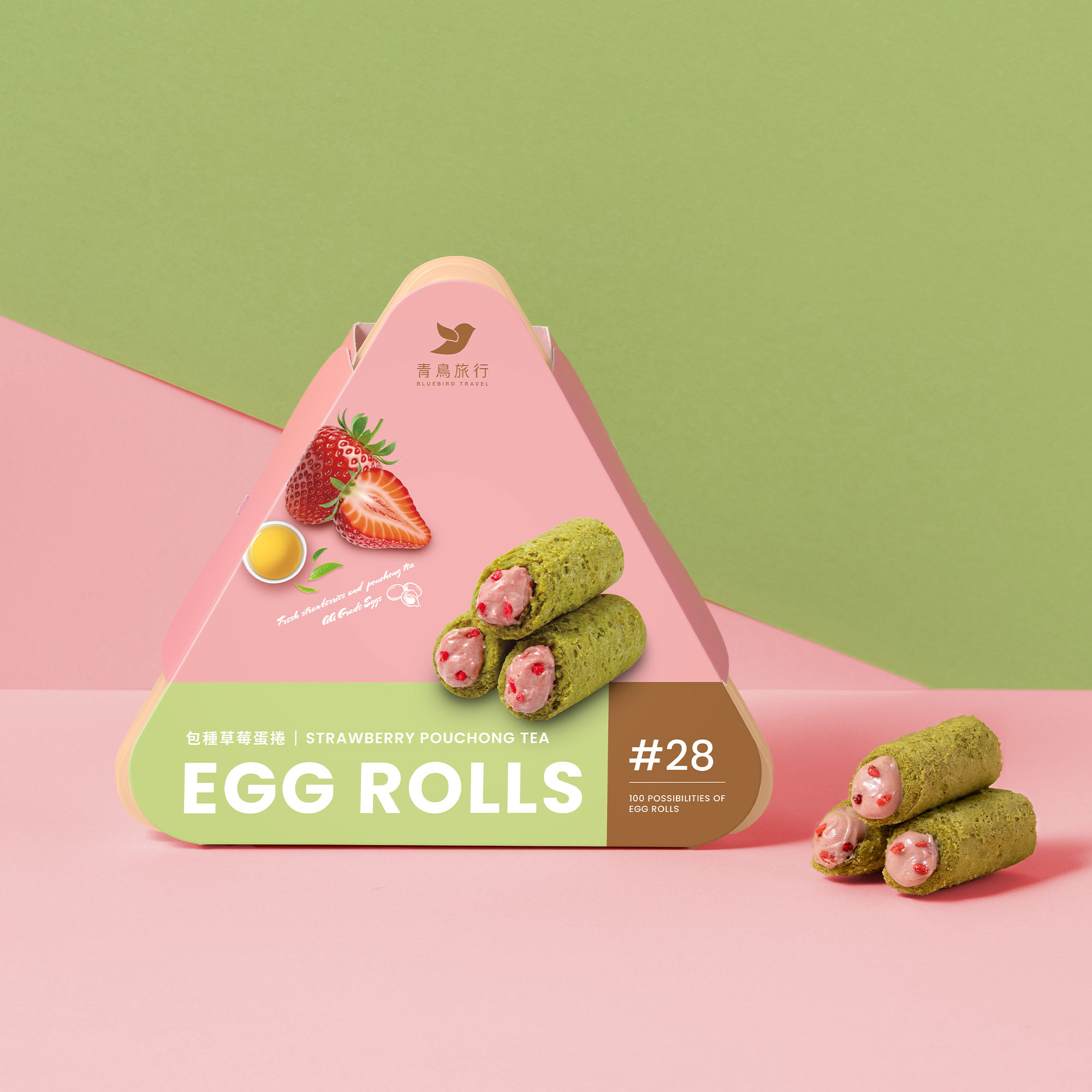 Strawberry Oolong Tea Mini Egg Roll Share Box with mini egg rolls.