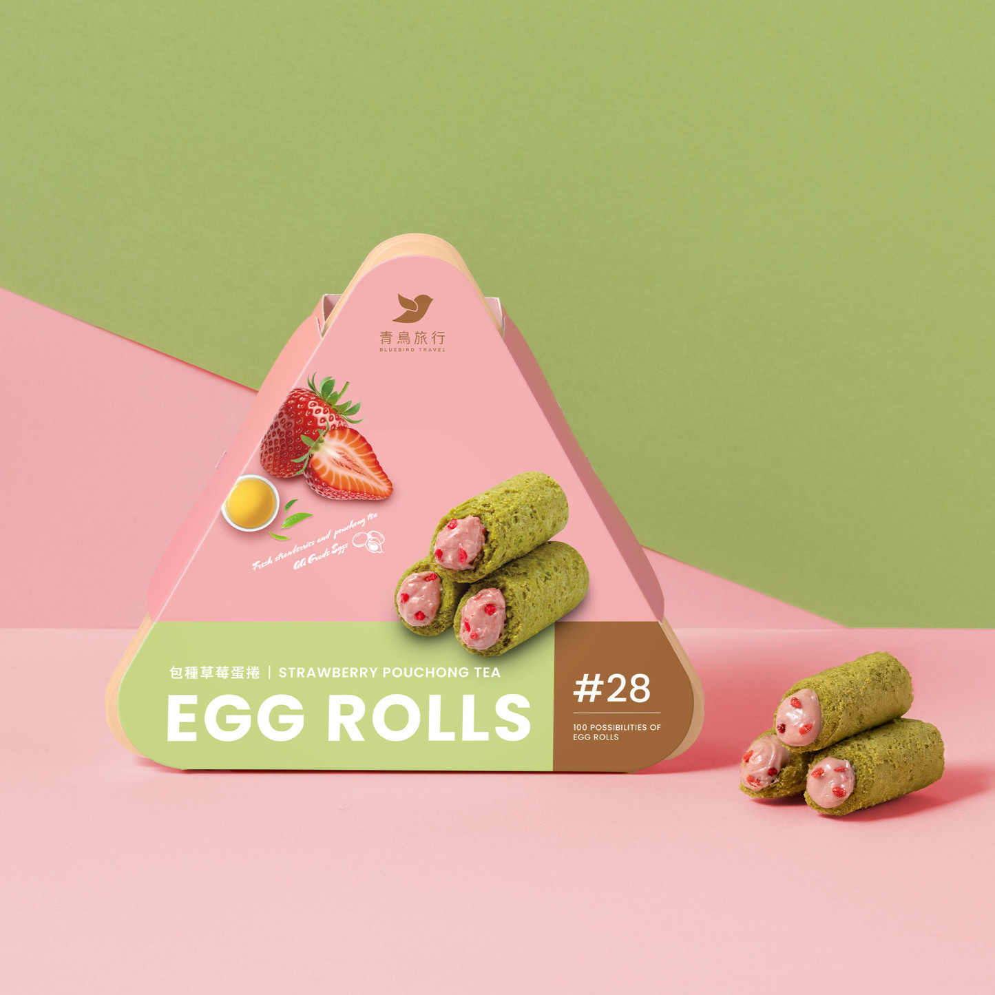 Strawberry Oolong Tea Mini Egg Roll Share Box with mini egg rolls.