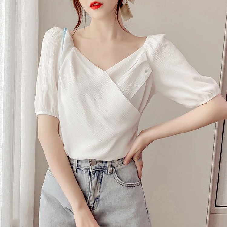 여자 여름옷 흰색 브이넥 쇄골 반팔 티 비눗방울 시폰 남방 상의