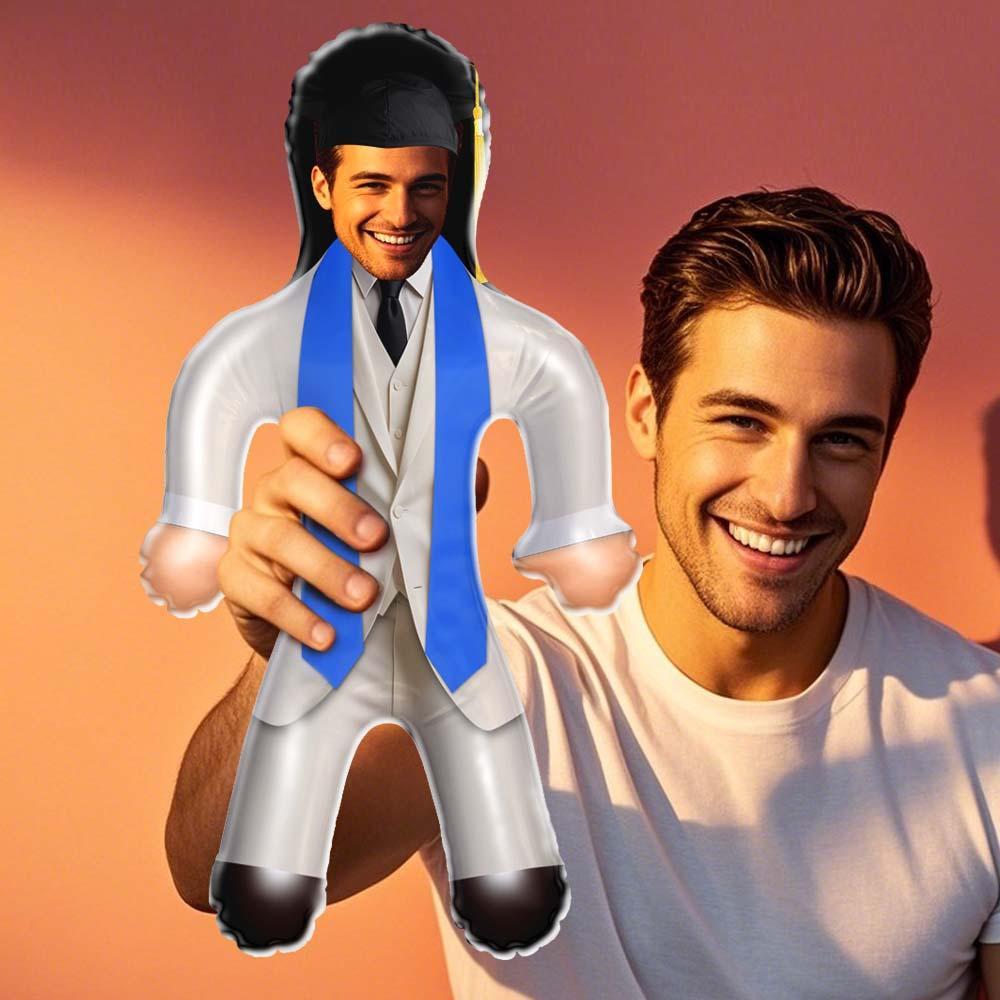 Custom Graduation Suit Style Face Air Minime Doll White Suit & Blue Stole Inflatable Doll