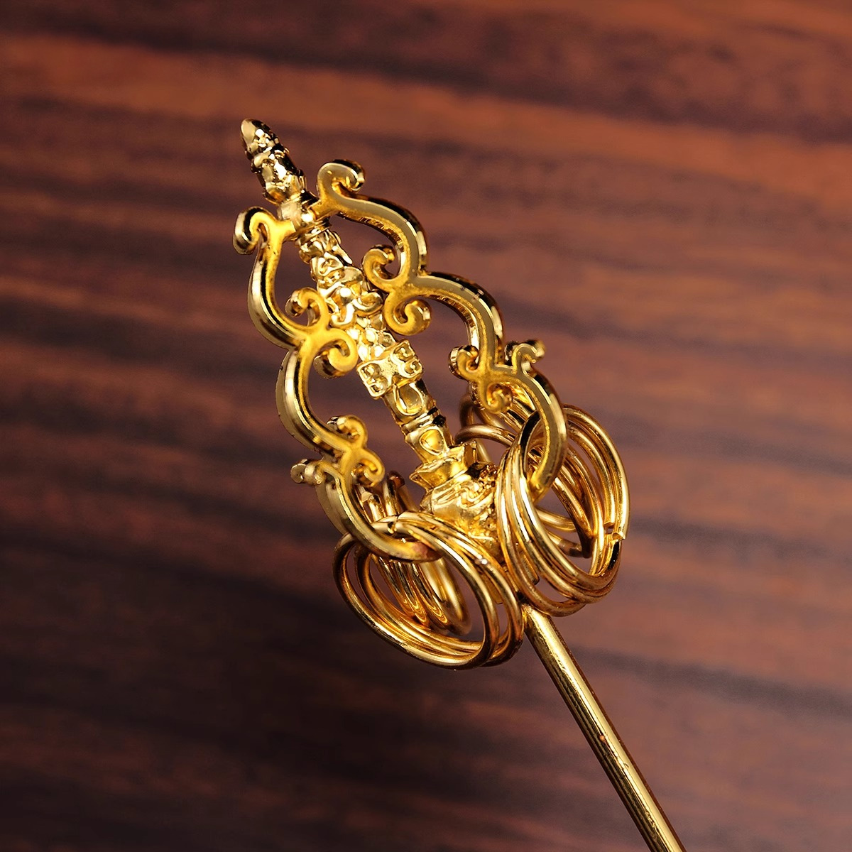 Bodhisattva Statue Holding Twelve-Ring Brass Zen Staff