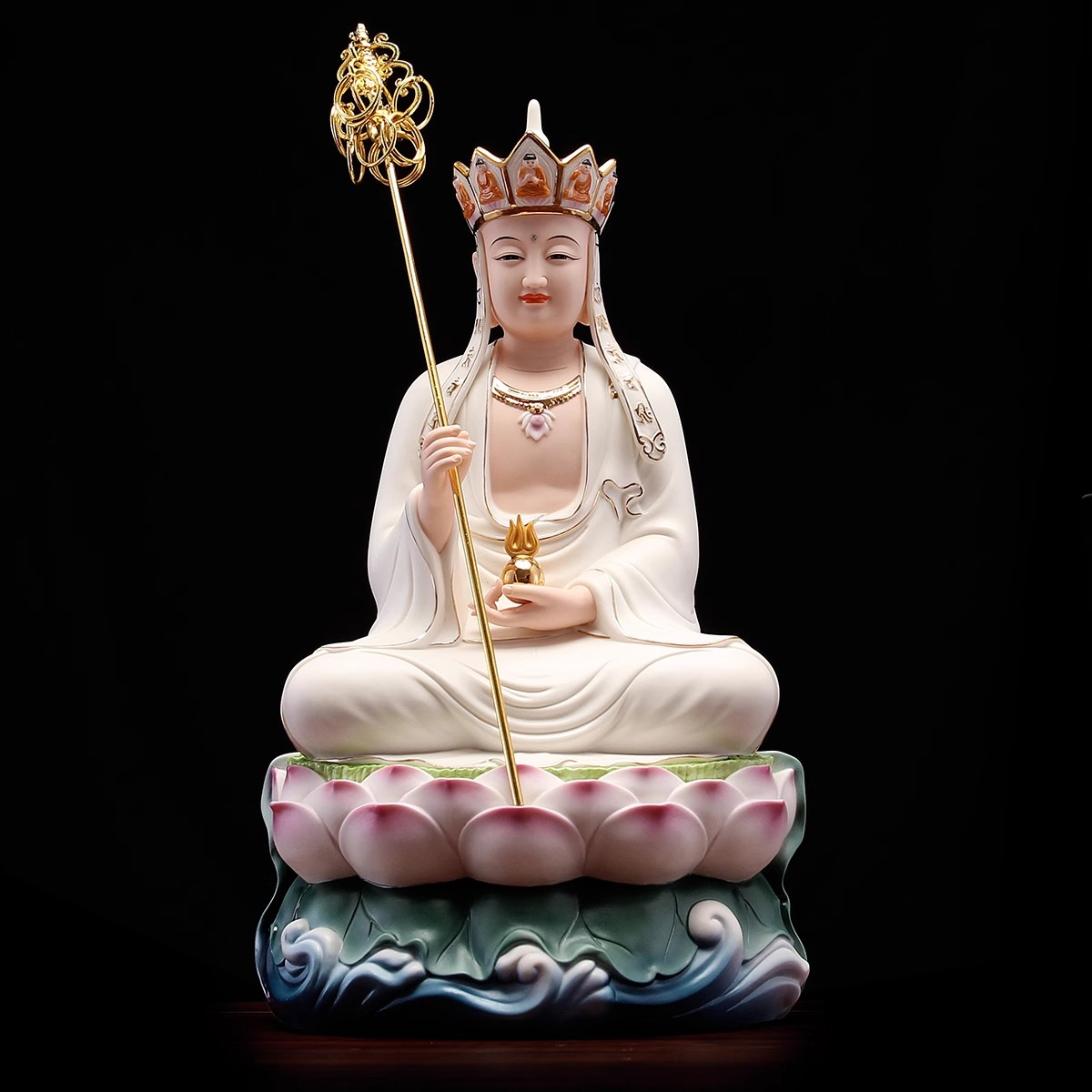 Bodhisattva Statue Holding Twelve-Ring Brass Zen Staff