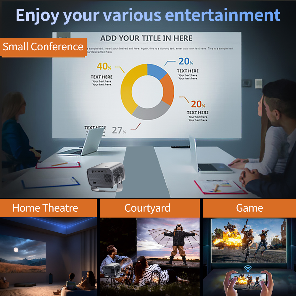 The A10 Plus Smart displaying a presentation on a large screen in a conference room, highlighting its suitability for various entertainment and professional uses, including home theatre, courtyard, and gaming setups.