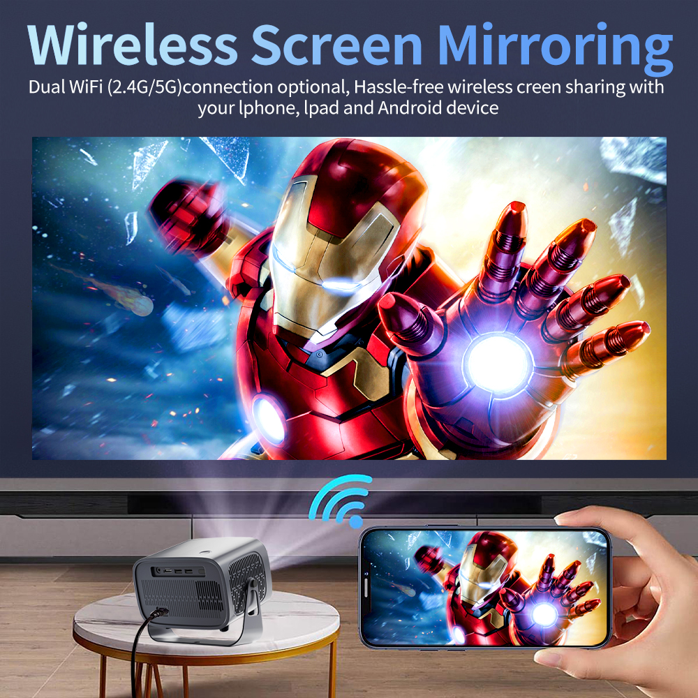 The A10 Plus Smart demonstrating wireless screen mirroring with dual WiFi support, showing an Iron Man image projected onto a large screen from a smartphone for seamless streaming and sharing.