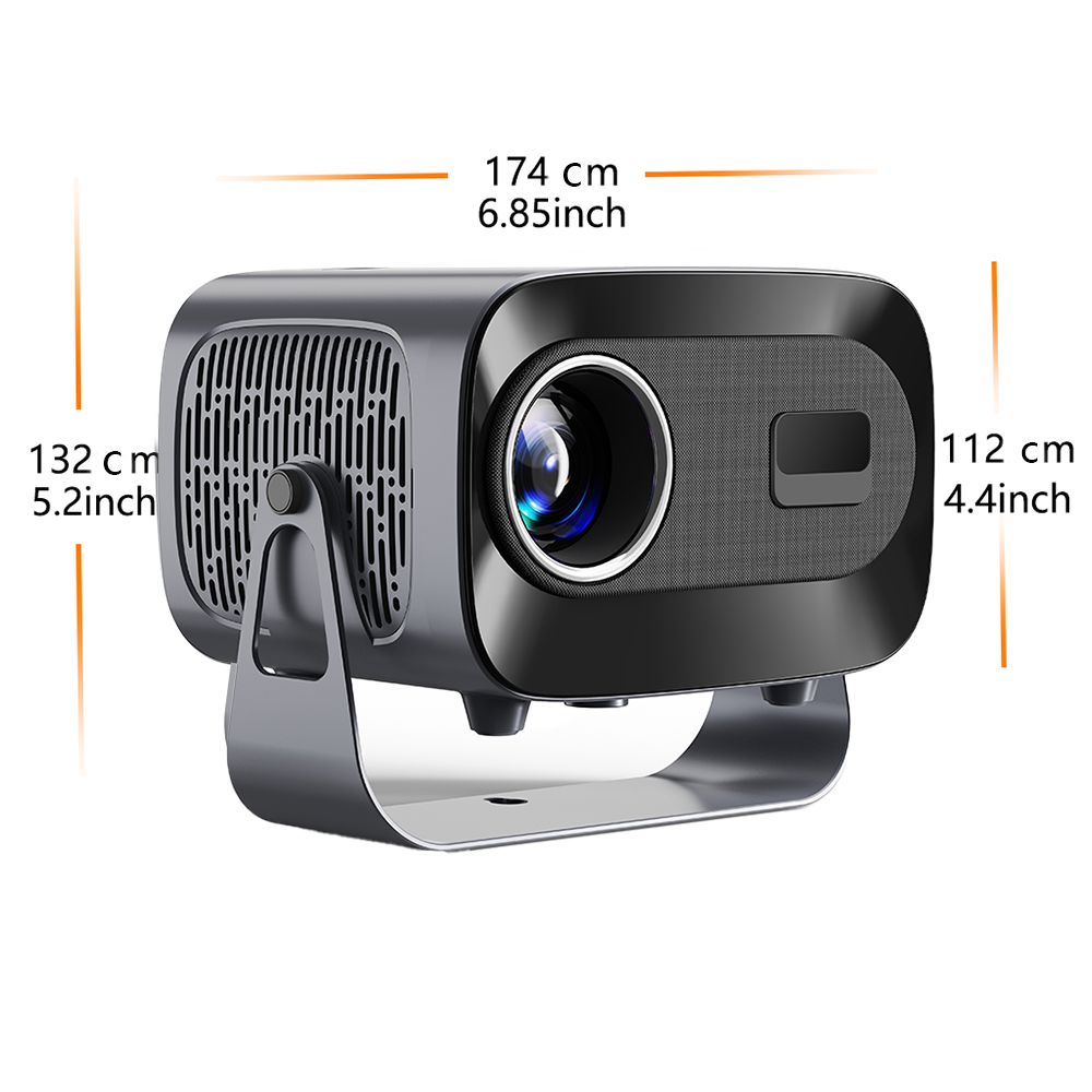 Front view of the A10 Plus Smart showing its compact size with dimensions of 174cm x 112cm x 132cm, featuring a large lens and sleek design, perfect for portable home entertainment and presentations.