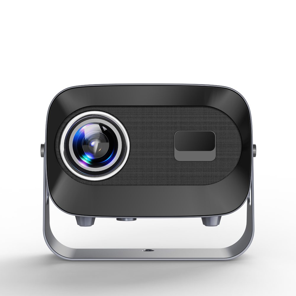 Front view of the A10 Plus Smart Projector showcasing its compact design, large lens, and sleek black finish, perfect for portable home entertainment and presentations.