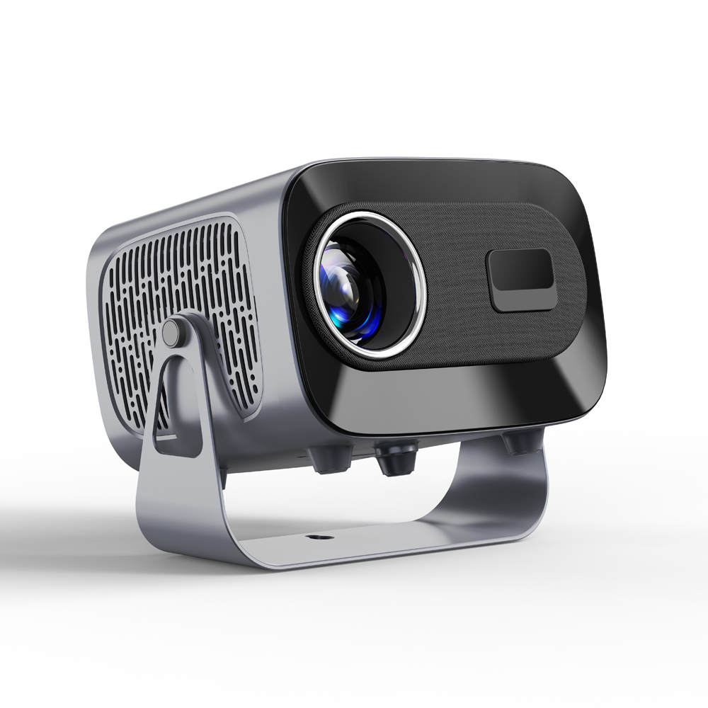 Front view of the A10 Plus Smart Projector showcasing its sleek design, large lens, and portable size, emphasizing its 4K resolution, WiFi connectivity, and smart features for home entertainment.